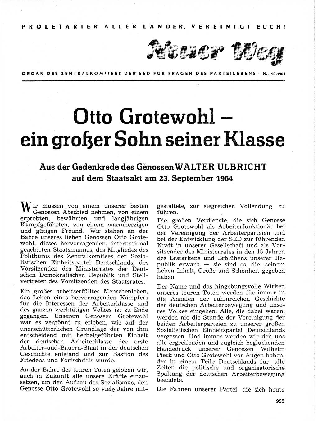 Neuer Weg (NW), Organ des Zentralkomitees (ZK) der SED (Sozialistische Einheitspartei Deutschlands) für Fragen des Parteilebens, 19. Jahrgang [Deutsche Demokratische Republik (DDR)] 1964, Seite 925 (NW ZK SED DDR 1964, S. 925)