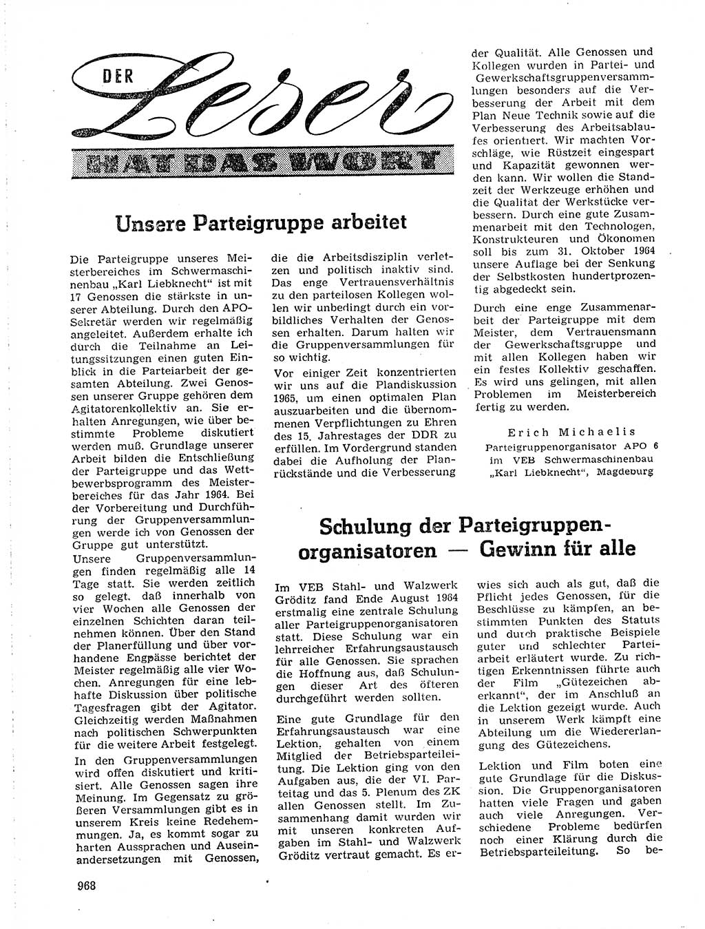 Neuer Weg (NW), Organ des Zentralkomitees (ZK) der SED (Sozialistische Einheitspartei Deutschlands) für Fragen des Parteilebens, 19. Jahrgang [Deutsche Demokratische Republik (DDR)] 1964, Seite 968 (NW ZK SED DDR 1964, S. 968)
