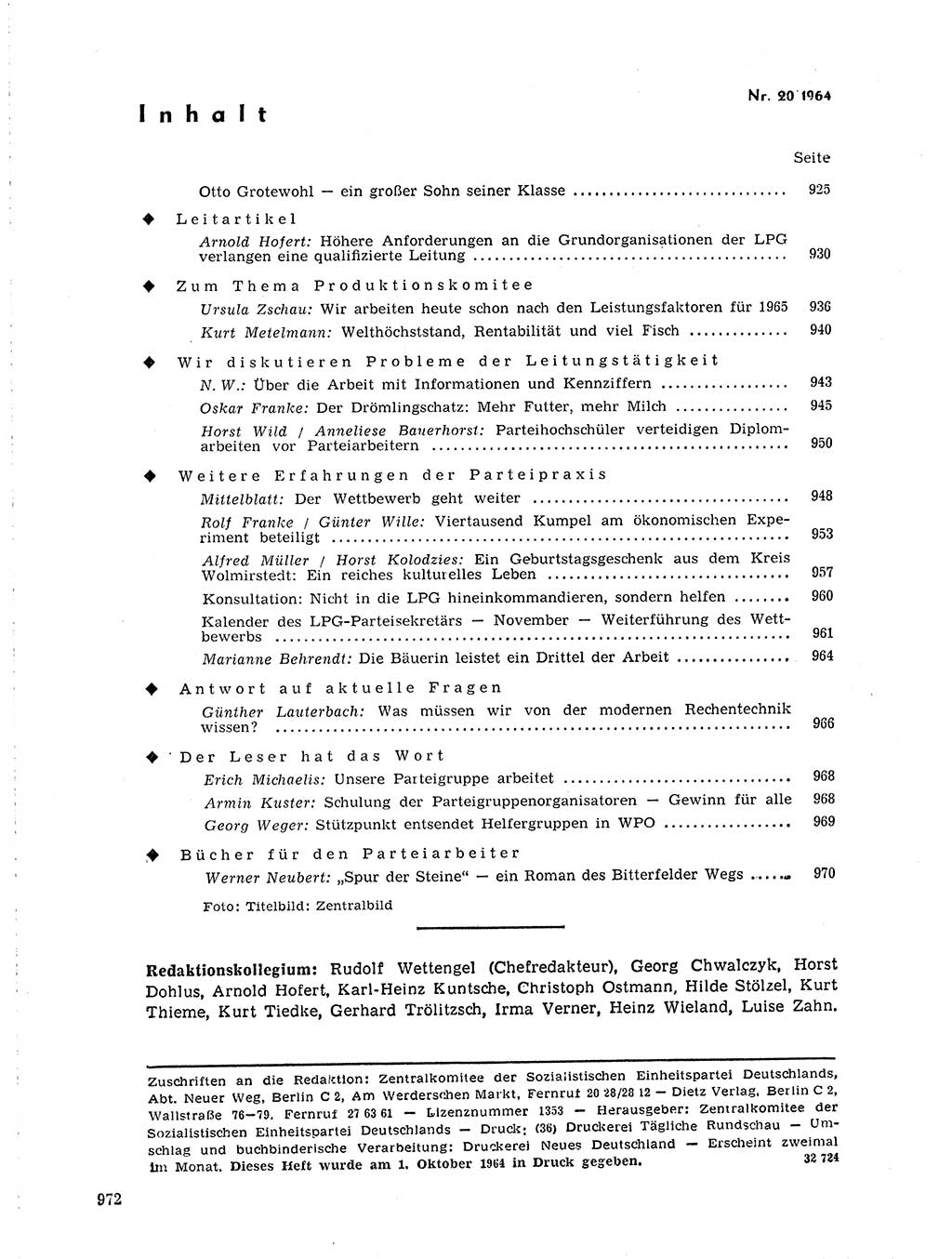 Neuer Weg (NW), Organ des Zentralkomitees (ZK) der SED (Sozialistische Einheitspartei Deutschlands) für Fragen des Parteilebens, 19. Jahrgang [Deutsche Demokratische Republik (DDR)] 1964, Seite 972 (NW ZK SED DDR 1964, S. 972)