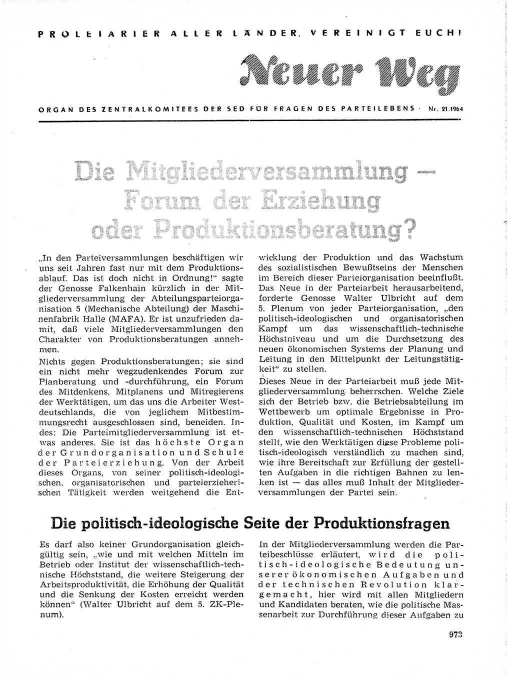 Neuer Weg (NW), Organ des Zentralkomitees (ZK) der SED (Sozialistische Einheitspartei Deutschlands) für Fragen des Parteilebens, 19. Jahrgang [Deutsche Demokratische Republik (DDR)] 1964, Seite 973 (NW ZK SED DDR 1964, S. 973)