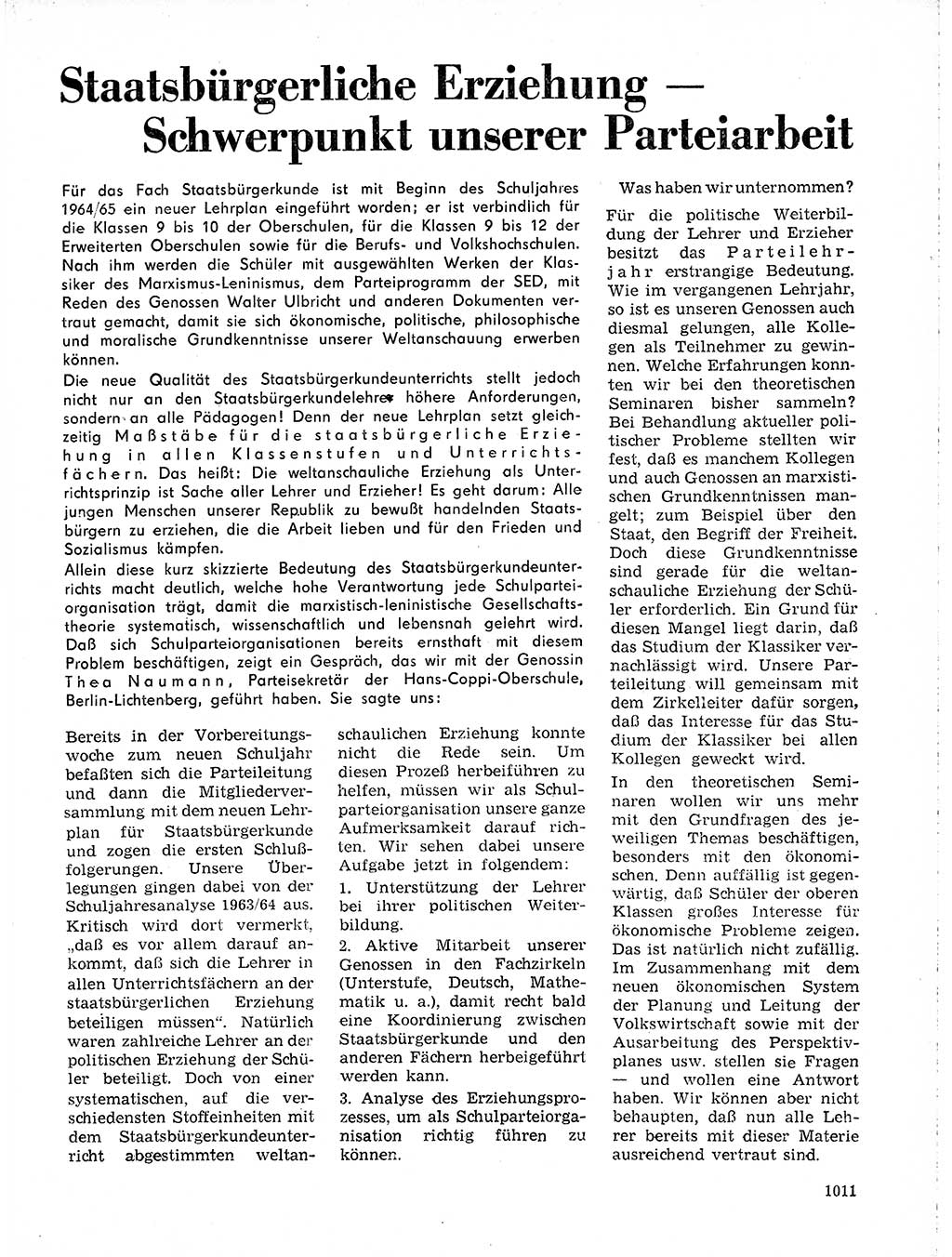 Neuer Weg (NW), Organ des Zentralkomitees (ZK) der SED (Sozialistische Einheitspartei Deutschlands) für Fragen des Parteilebens, 19. Jahrgang [Deutsche Demokratische Republik (DDR)] 1964, Seite 1011 (NW ZK SED DDR 1964, S. 1011)