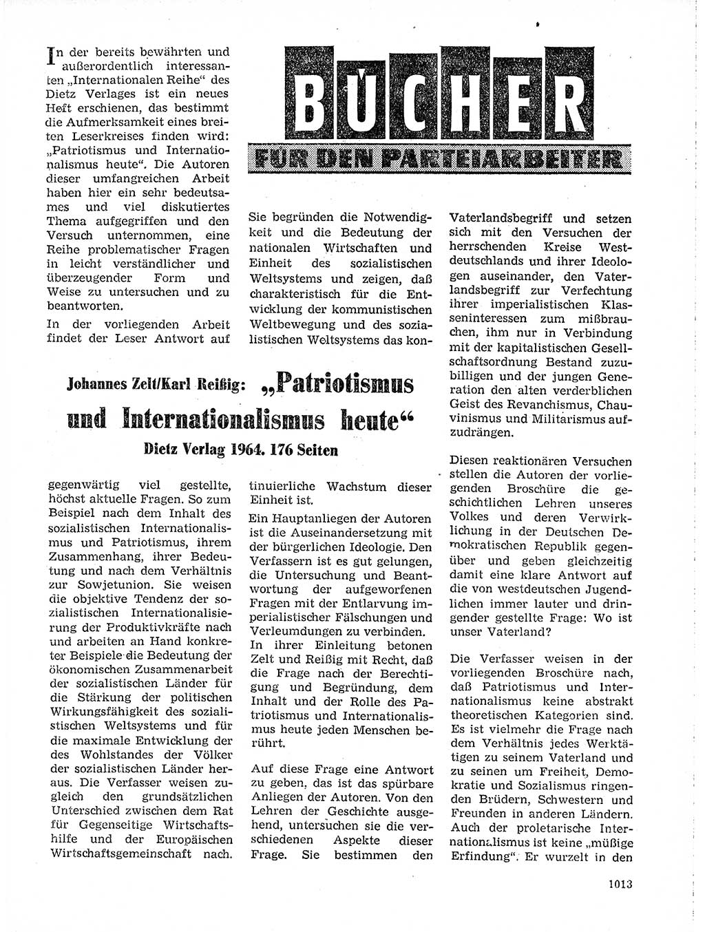 Neuer Weg (NW), Organ des Zentralkomitees (ZK) der SED (Sozialistische Einheitspartei Deutschlands) für Fragen des Parteilebens, 19. Jahrgang [Deutsche Demokratische Republik (DDR)] 1964, Seite 1013 (NW ZK SED DDR 1964, S. 1013)