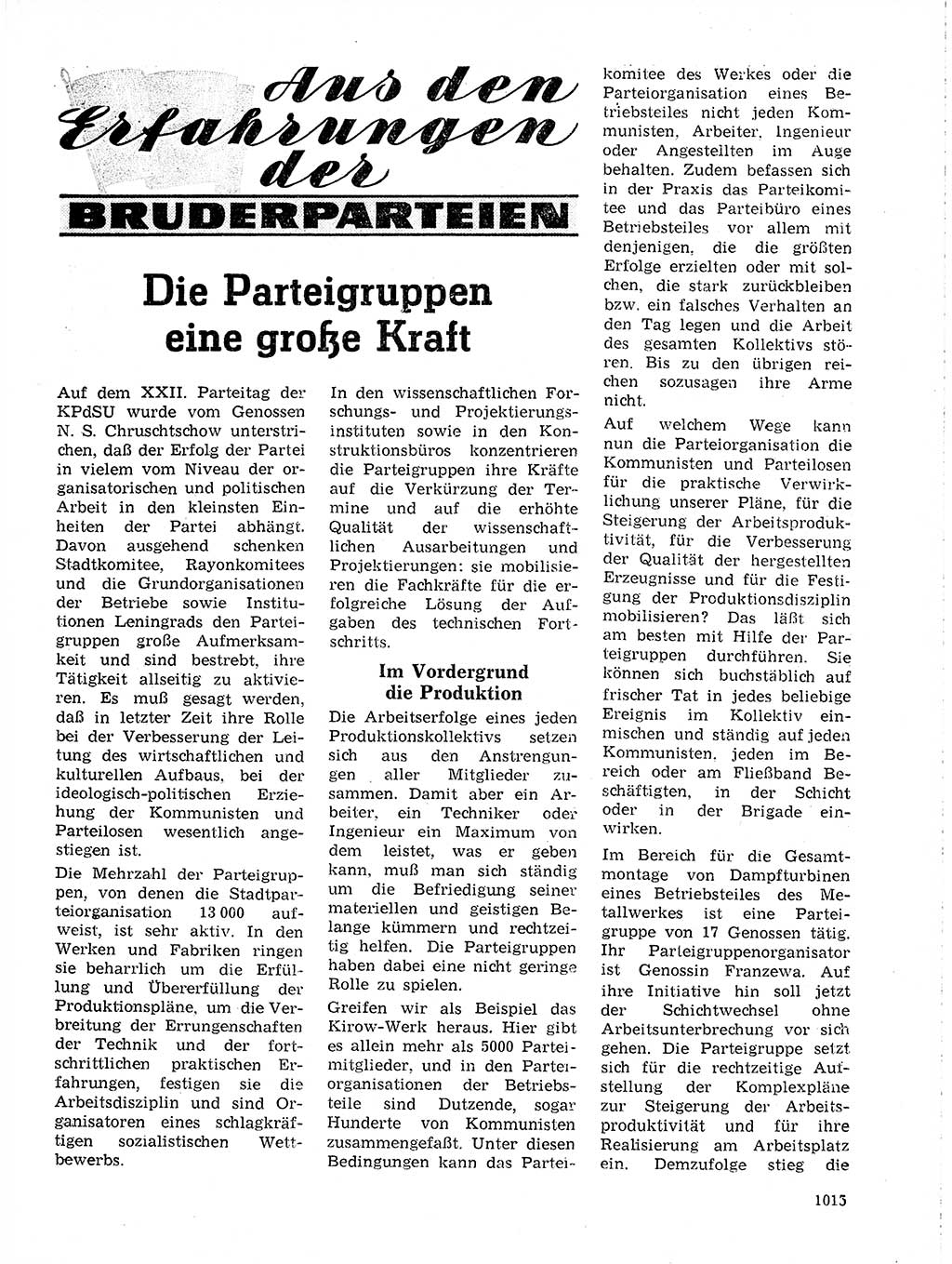 Neuer Weg (NW), Organ des Zentralkomitees (ZK) der SED (Sozialistische Einheitspartei Deutschlands) für Fragen des Parteilebens, 19. Jahrgang [Deutsche Demokratische Republik (DDR)] 1964, Seite 1015 (NW ZK SED DDR 1964, S. 1015)