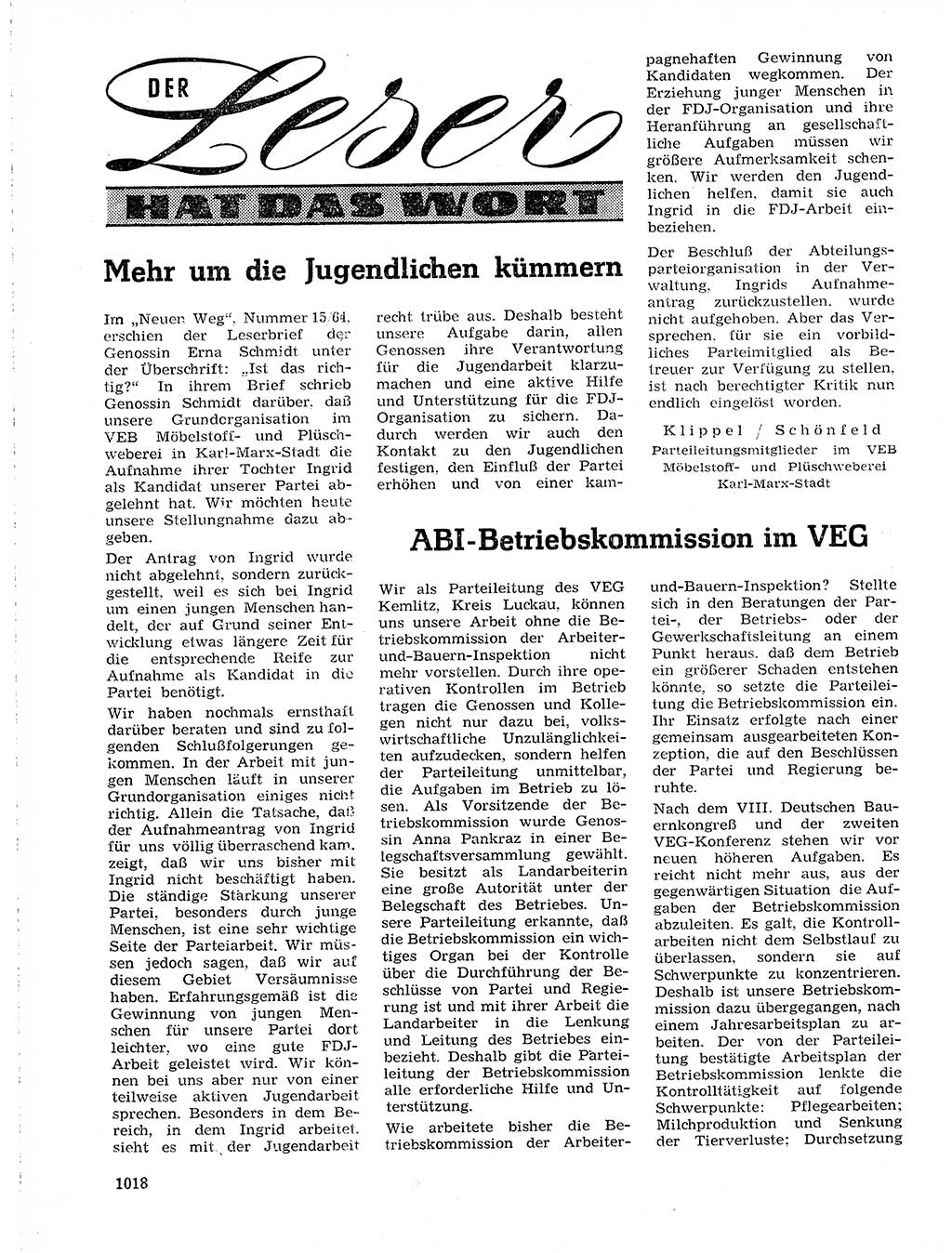Neuer Weg (NW), Organ des Zentralkomitees (ZK) der SED (Sozialistische Einheitspartei Deutschlands) für Fragen des Parteilebens, 19. Jahrgang [Deutsche Demokratische Republik (DDR)] 1964, Seite 1018 (NW ZK SED DDR 1964, S. 1018)