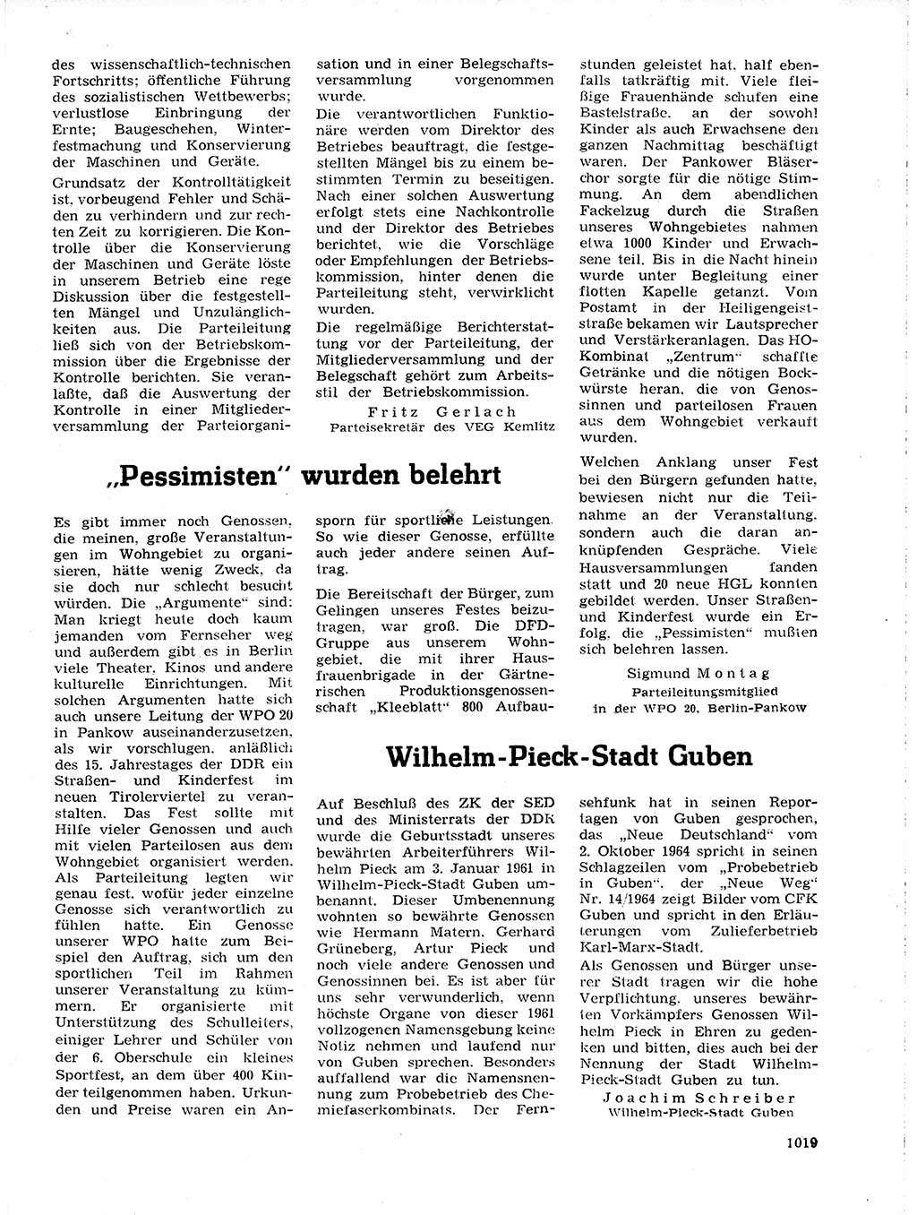 Neuer Weg (NW), Organ des Zentralkomitees (ZK) der SED (Sozialistische Einheitspartei Deutschlands) für Fragen des Parteilebens, 19. Jahrgang [Deutsche Demokratische Republik (DDR)] 1964, Seite 1019 (NW ZK SED DDR 1964, S. 1019)