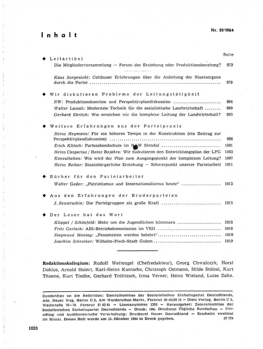 Neuer Weg (NW), Organ des Zentralkomitees (ZK) der SED (Sozialistische Einheitspartei Deutschlands) für Fragen des Parteilebens, 19. Jahrgang [Deutsche Demokratische Republik (DDR)] 1964, Seite 1020 (NW ZK SED DDR 1964, S. 1020)