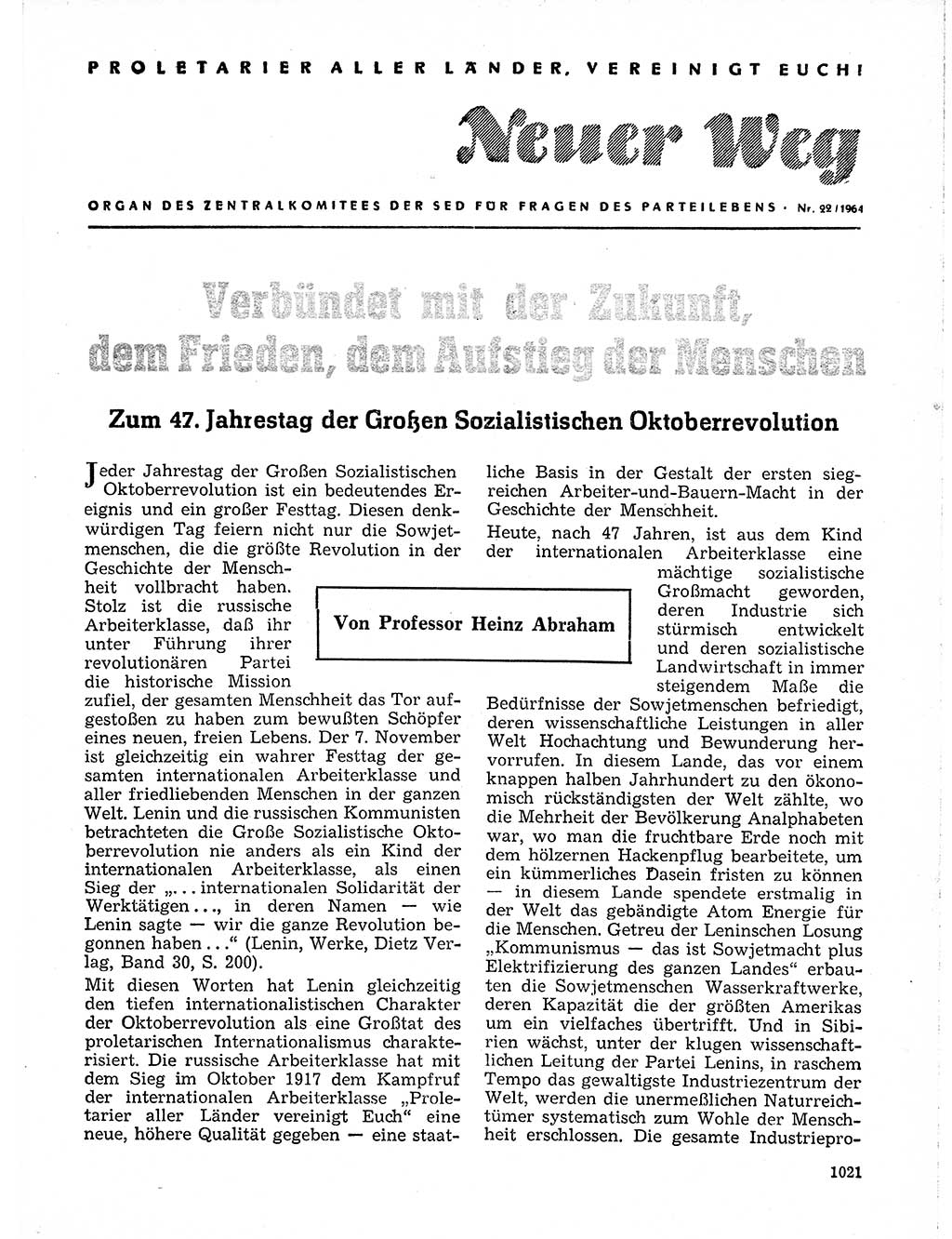 Neuer Weg (NW), Organ des Zentralkomitees (ZK) der SED (Sozialistische Einheitspartei Deutschlands) für Fragen des Parteilebens, 19. Jahrgang [Deutsche Demokratische Republik (DDR)] 1964, Seite 1021 (NW ZK SED DDR 1964, S. 1021)