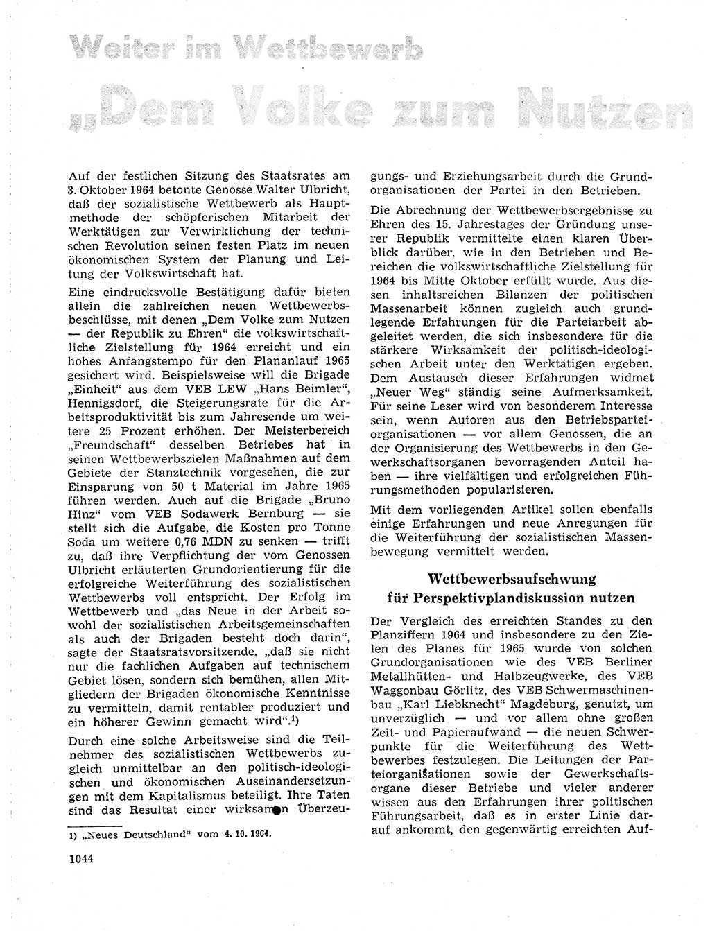 Neuer Weg (NW), Organ des Zentralkomitees (ZK) der SED (Sozialistische Einheitspartei Deutschlands) für Fragen des Parteilebens, 19. Jahrgang [Deutsche Demokratische Republik (DDR)] 1964, Seite 1044 (NW ZK SED DDR 1964, S. 1044)