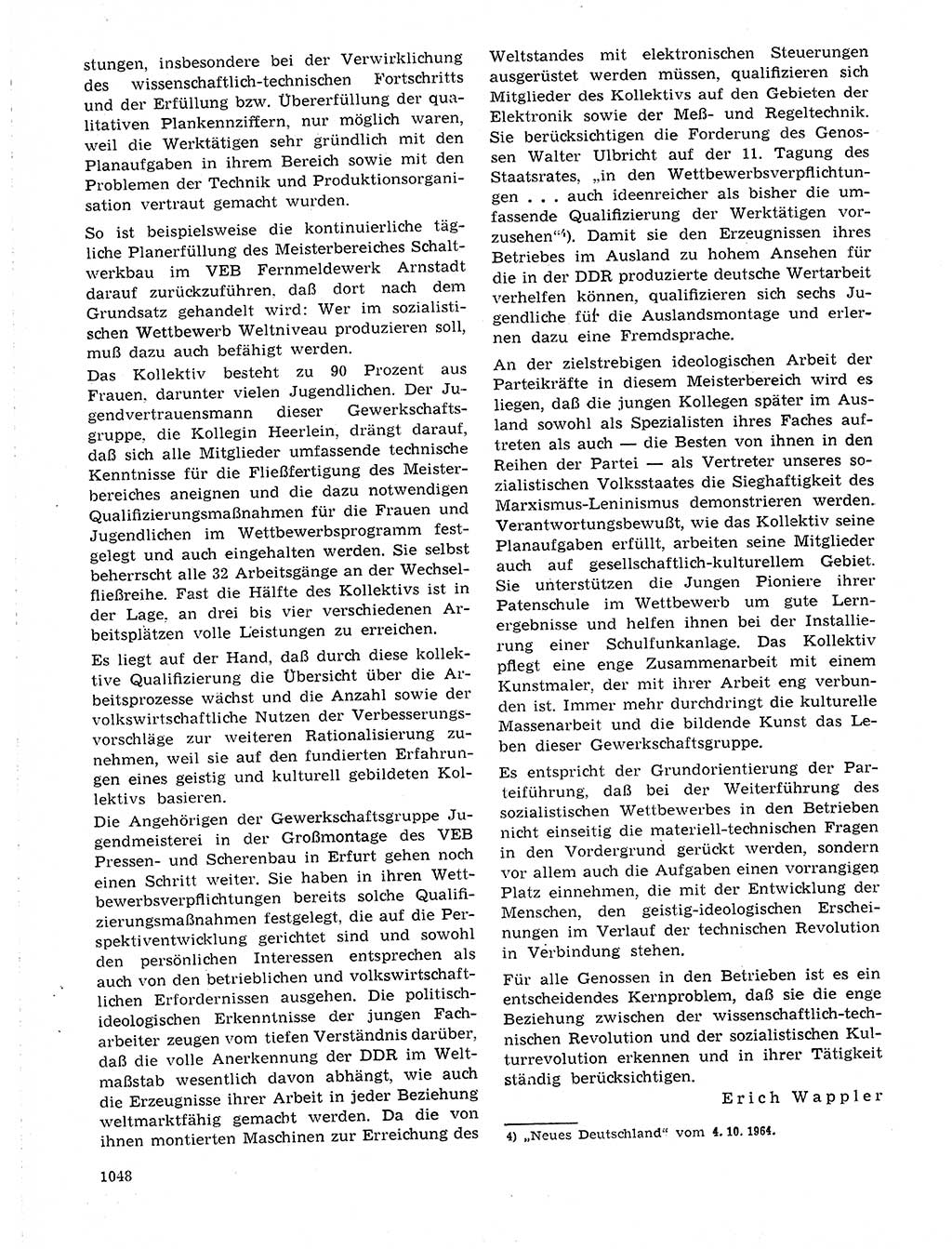 Neuer Weg (NW), Organ des Zentralkomitees (ZK) der SED (Sozialistische Einheitspartei Deutschlands) für Fragen des Parteilebens, 19. Jahrgang [Deutsche Demokratische Republik (DDR)] 1964, Seite 1048 (NW ZK SED DDR 1964, S. 1048)