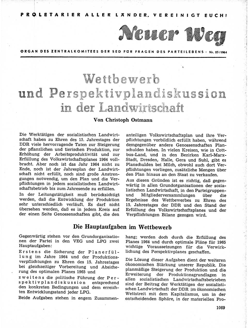 Neuer Weg (NW), Organ des Zentralkomitees (ZK) der SED (Sozialistische Einheitspartei Deutschlands) für Fragen des Parteilebens, 19. Jahrgang [Deutsche Demokratische Republik (DDR)] 1964, Seite 1069 (NW ZK SED DDR 1964, S. 1069)