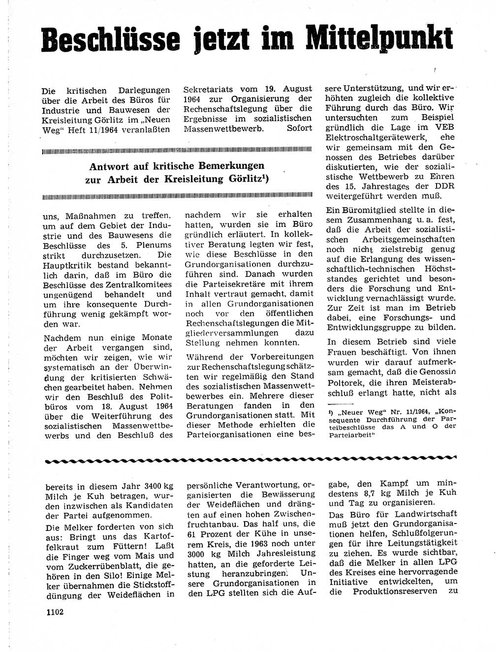 Neuer Weg (NW), Organ des Zentralkomitees (ZK) der SED (Sozialistische Einheitspartei Deutschlands) für Fragen des Parteilebens, 19. Jahrgang [Deutsche Demokratische Republik (DDR)] 1964, Seite 1102 (NW ZK SED DDR 1964, S. 1102)