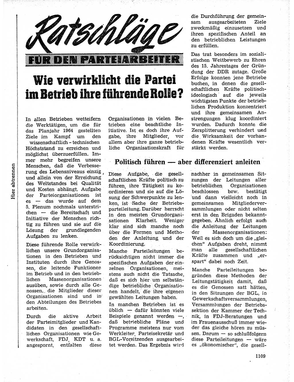 Neuer Weg (NW), Organ des Zentralkomitees (ZK) der SED (Sozialistische Einheitspartei Deutschlands) für Fragen des Parteilebens, 19. Jahrgang [Deutsche Demokratische Republik (DDR)] 1964, Seite 1109 (NW ZK SED DDR 1964, S. 1109)