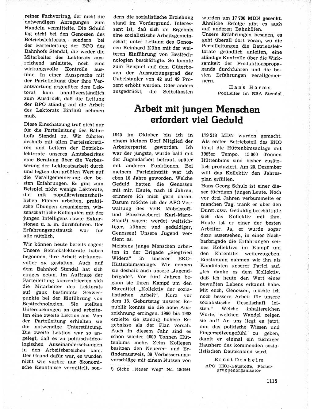 Neuer Weg (NW), Organ des Zentralkomitees (ZK) der SED (Sozialistische Einheitspartei Deutschlands) für Fragen des Parteilebens, 19. Jahrgang [Deutsche Demokratische Republik (DDR)] 1964, Seite 1115 (NW ZK SED DDR 1964, S. 1115)