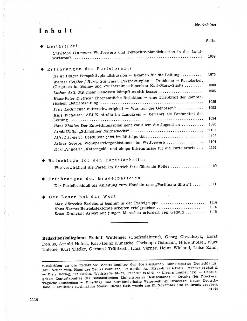 Neuer Weg (NW), Organ des Zentralkomitees (ZK) der SED (Sozialistische Einheitspartei Deutschlands) fÃ¼r Fragen des Parteilebens, 19. Jahrgang [Deutsche Demokratische Republik (DDR)] 1964, Seite 1116 (NW ZK SED DDR 1964, S. 1116)