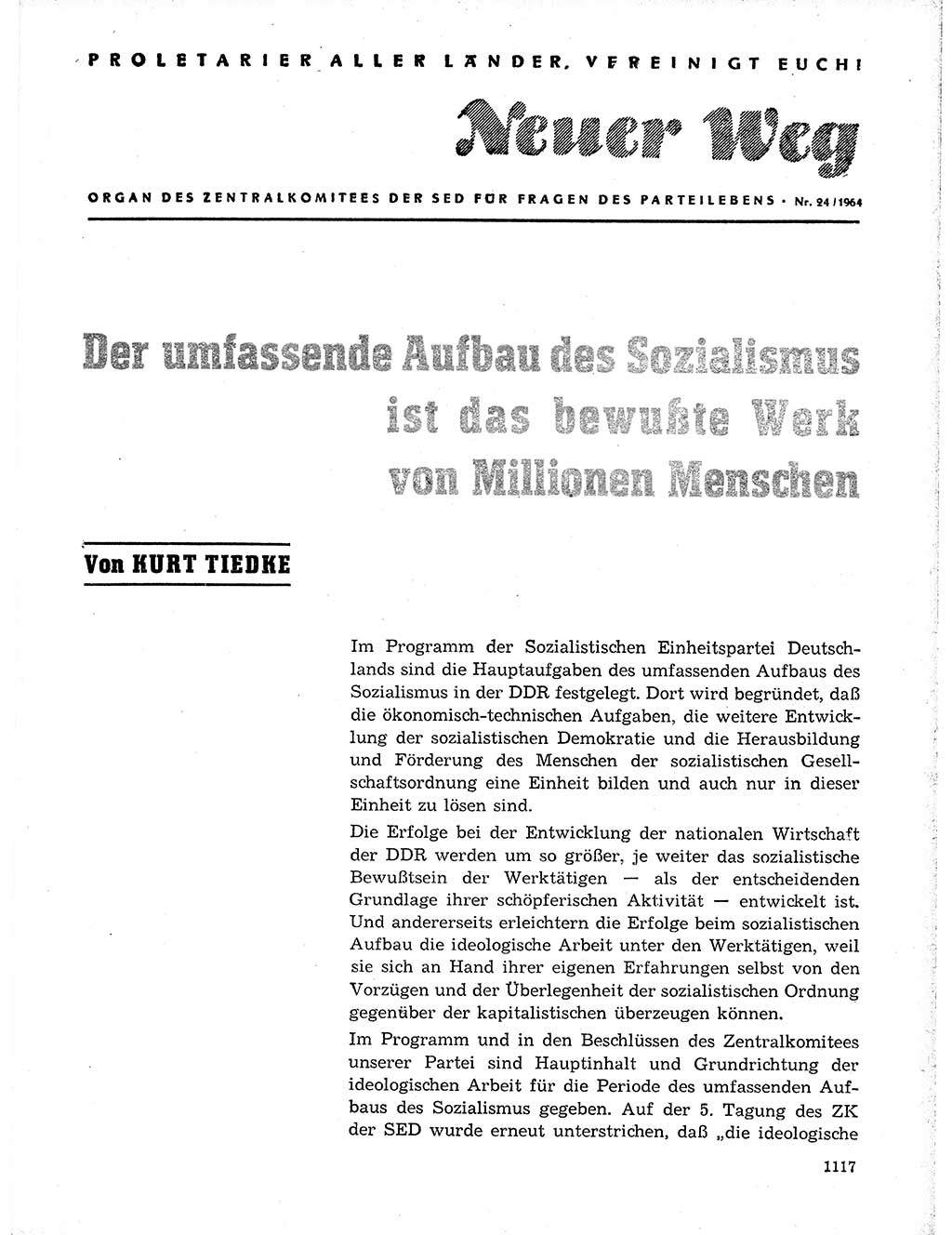 Neuer Weg (NW), Organ des Zentralkomitees (ZK) der SED (Sozialistische Einheitspartei Deutschlands) fÃ¼r Fragen des Parteilebens, 19. Jahrgang [Deutsche Demokratische Republik (DDR)] 1964, Seite 1117 (NW ZK SED DDR 1964, S. 1117)