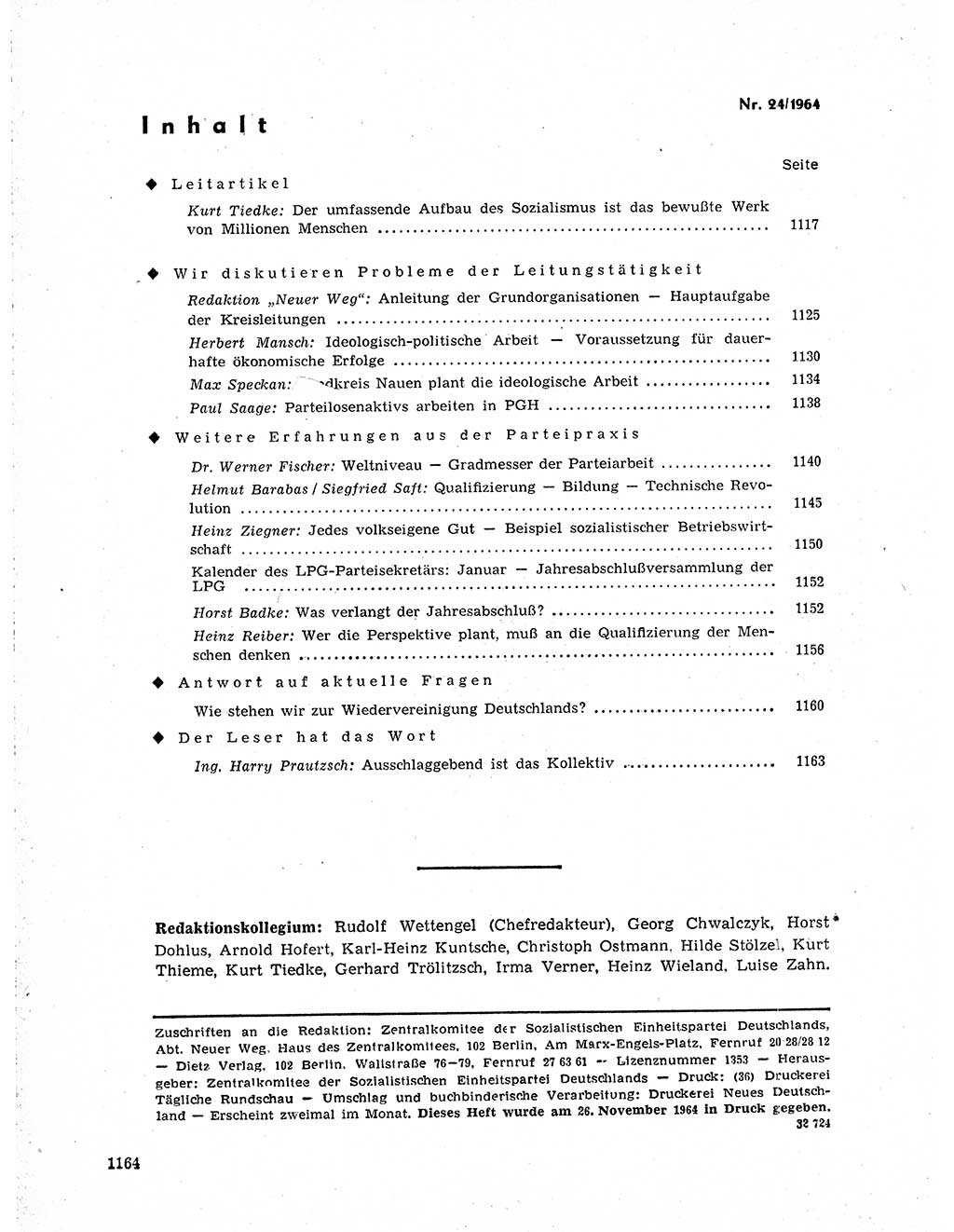 Neuer Weg (NW), Organ des Zentralkomitees (ZK) der SED (Sozialistische Einheitspartei Deutschlands) für Fragen des Parteilebens, 19. Jahrgang [Deutsche Demokratische Republik (DDR)] 1964, Seite 1164 (NW ZK SED DDR 1964, S. 1164)