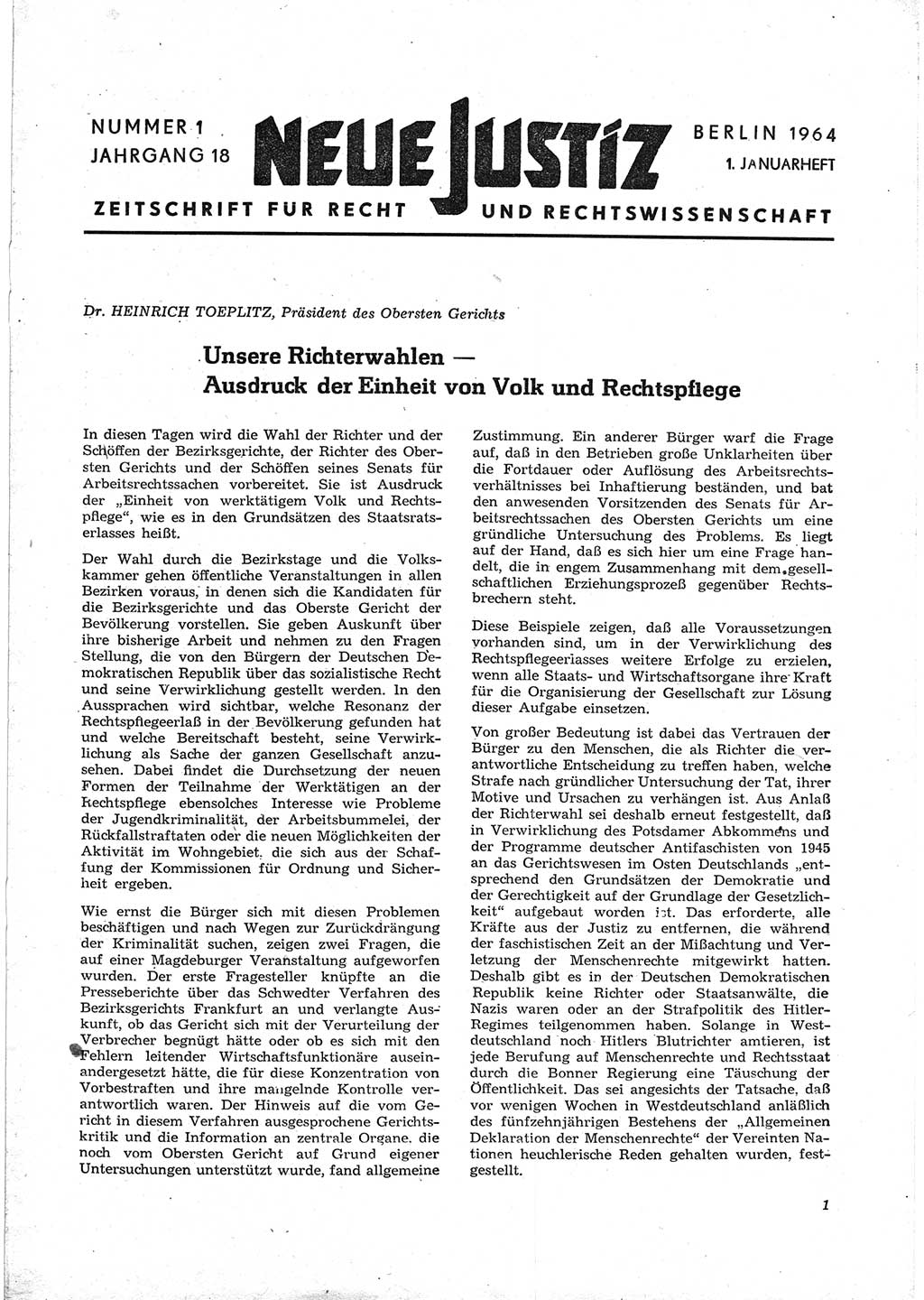 Neue Justiz (NJ), Zeitschrift für Recht und Rechtswissenschaft [Deutsche Demokratische Republik (DDR)], 18. Jahrgang 1964, Seite 1 (NJ DDR 1964, S. 1)