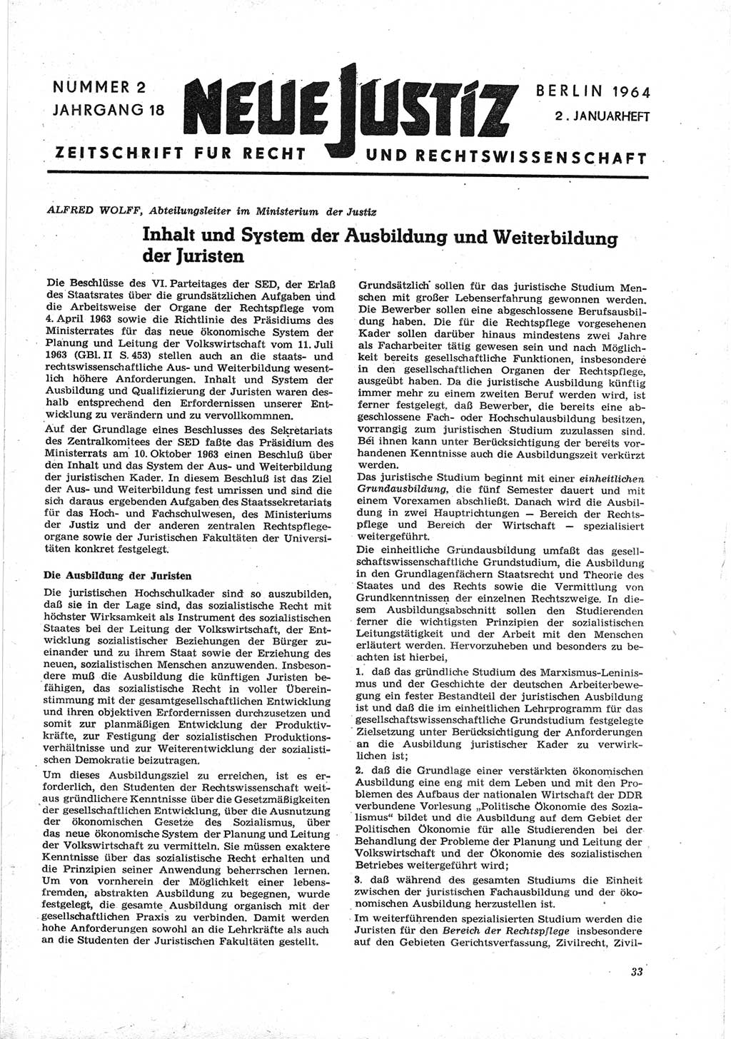 Neue Justiz (NJ), Zeitschrift für Recht und Rechtswissenschaft [Deutsche Demokratische Republik (DDR)], 18. Jahrgang 1964, Seite 33 (NJ DDR 1964, S. 33)