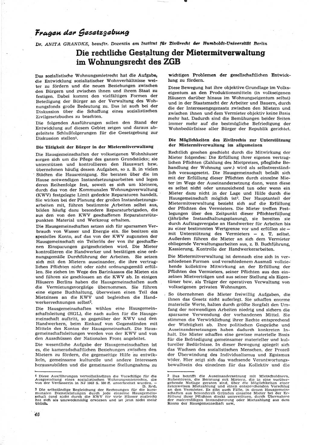 Neue Justiz (NJ), Zeitschrift für Recht und Rechtswissenschaft [Deutsche Demokratische Republik (DDR)], 18. Jahrgang 1964, Seite 46 (NJ DDR 1964, S. 46)