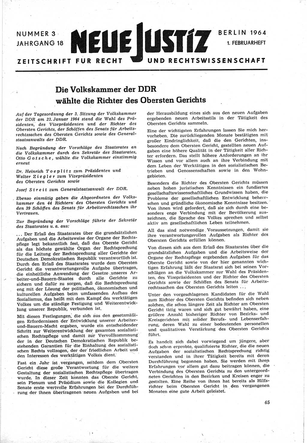 Neue Justiz (NJ), Zeitschrift für Recht und Rechtswissenschaft [Deutsche Demokratische Republik (DDR)], 18. Jahrgang 1964, Seite 65 (NJ DDR 1964, S. 65)
