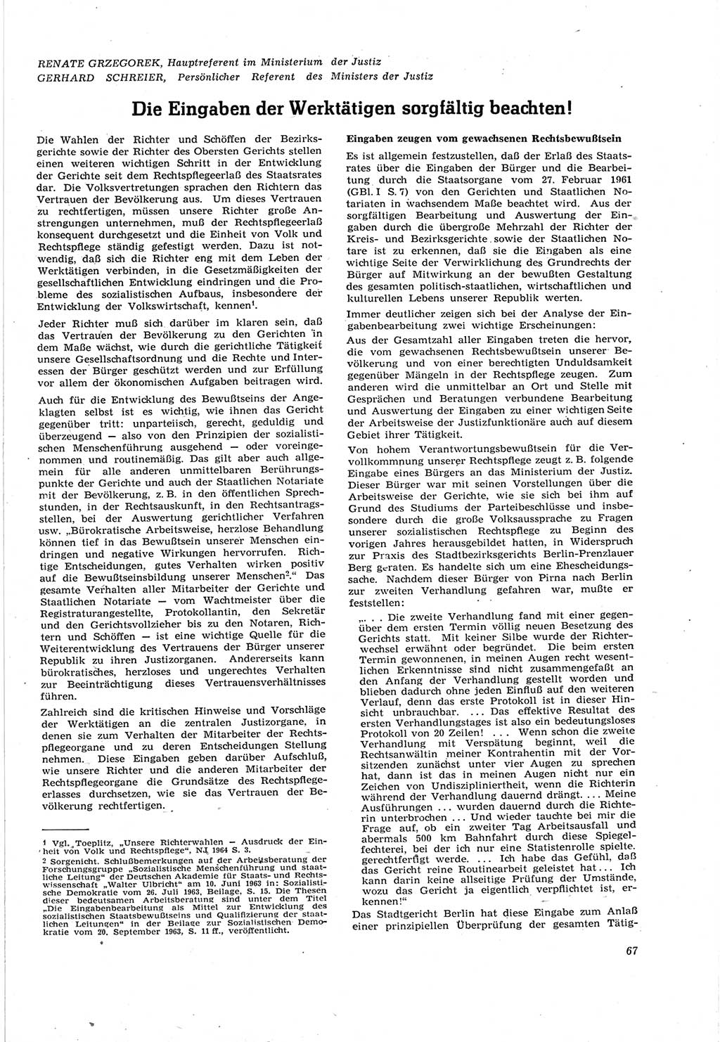 Neue Justiz (NJ), Zeitschrift für Recht und Rechtswissenschaft [Deutsche Demokratische Republik (DDR)], 18. Jahrgang 1964, Seite 67 (NJ DDR 1964, S. 67)