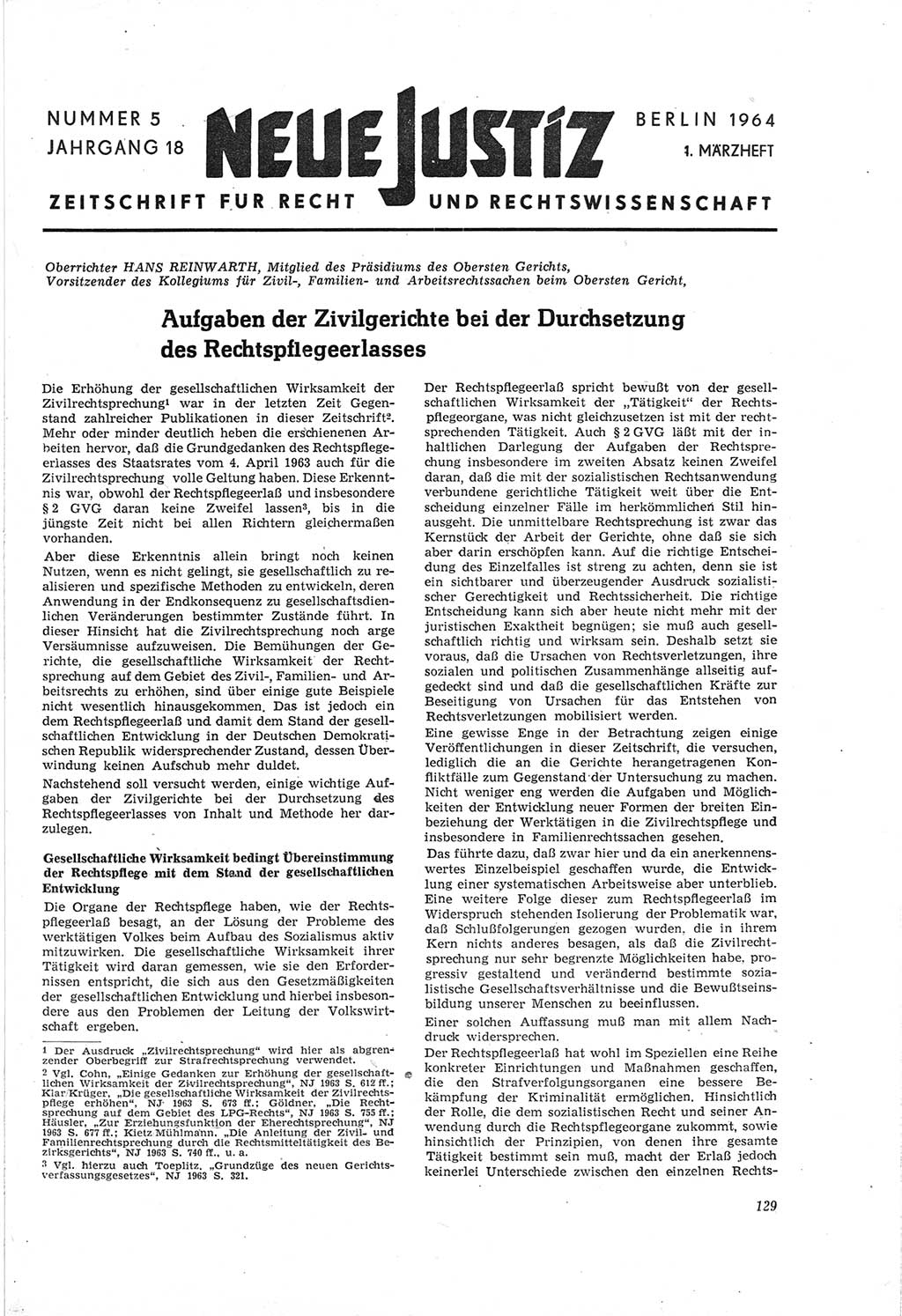 Neue Justiz (NJ), Zeitschrift für Recht und Rechtswissenschaft [Deutsche Demokratische Republik (DDR)], 18. Jahrgang 1964, Seite 129 (NJ DDR 1964, S. 129)