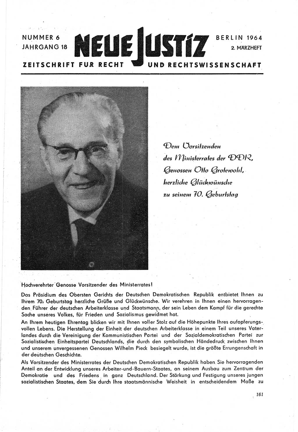 Neue Justiz (NJ), Zeitschrift für Recht und Rechtswissenschaft [Deutsche Demokratische Republik (DDR)], 18. Jahrgang 1964, Seite 161 (NJ DDR 1964, S. 161)