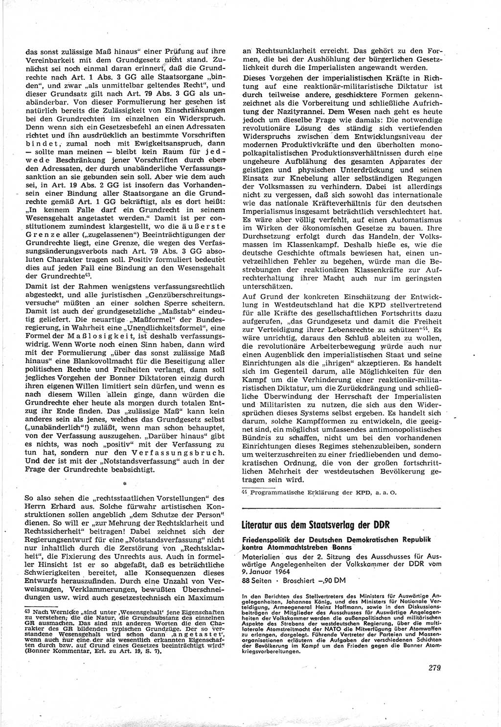 Neue Justiz (NJ), Zeitschrift für Recht und Rechtswissenschaft [Deutsche Demokratische Republik (DDR)], 18. Jahrgang 1964, Seite 279 (NJ DDR 1964, S. 279)