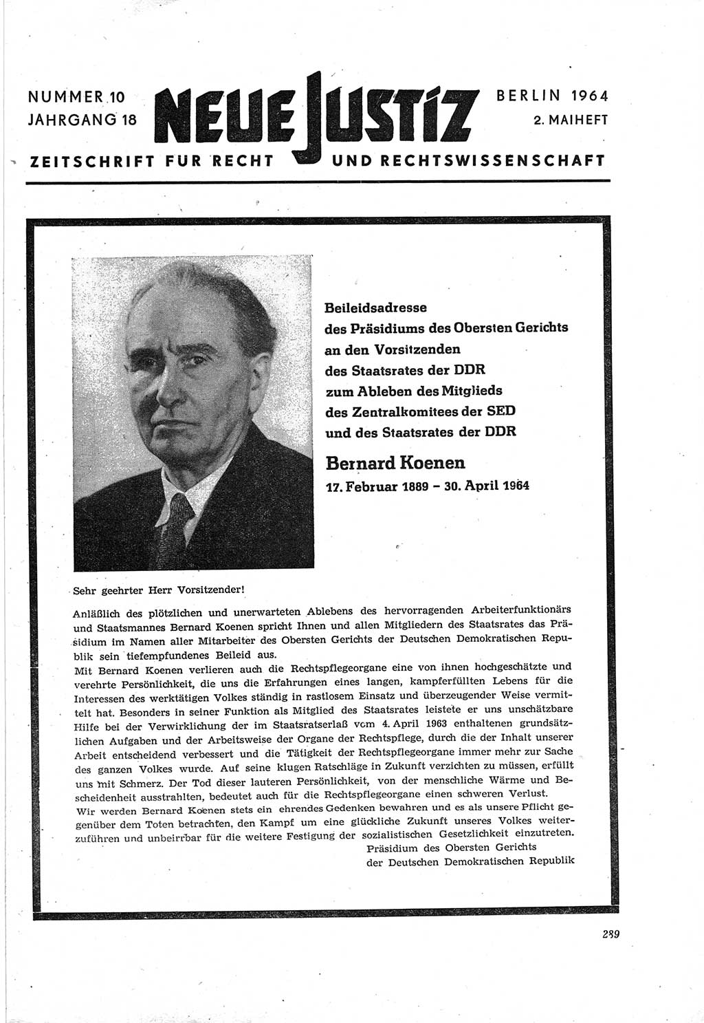 Neue Justiz (NJ), Zeitschrift für Recht und Rechtswissenschaft [Deutsche Demokratische Republik (DDR)], 18. Jahrgang 1964, Seite 289 (NJ DDR 1964, S. 289)