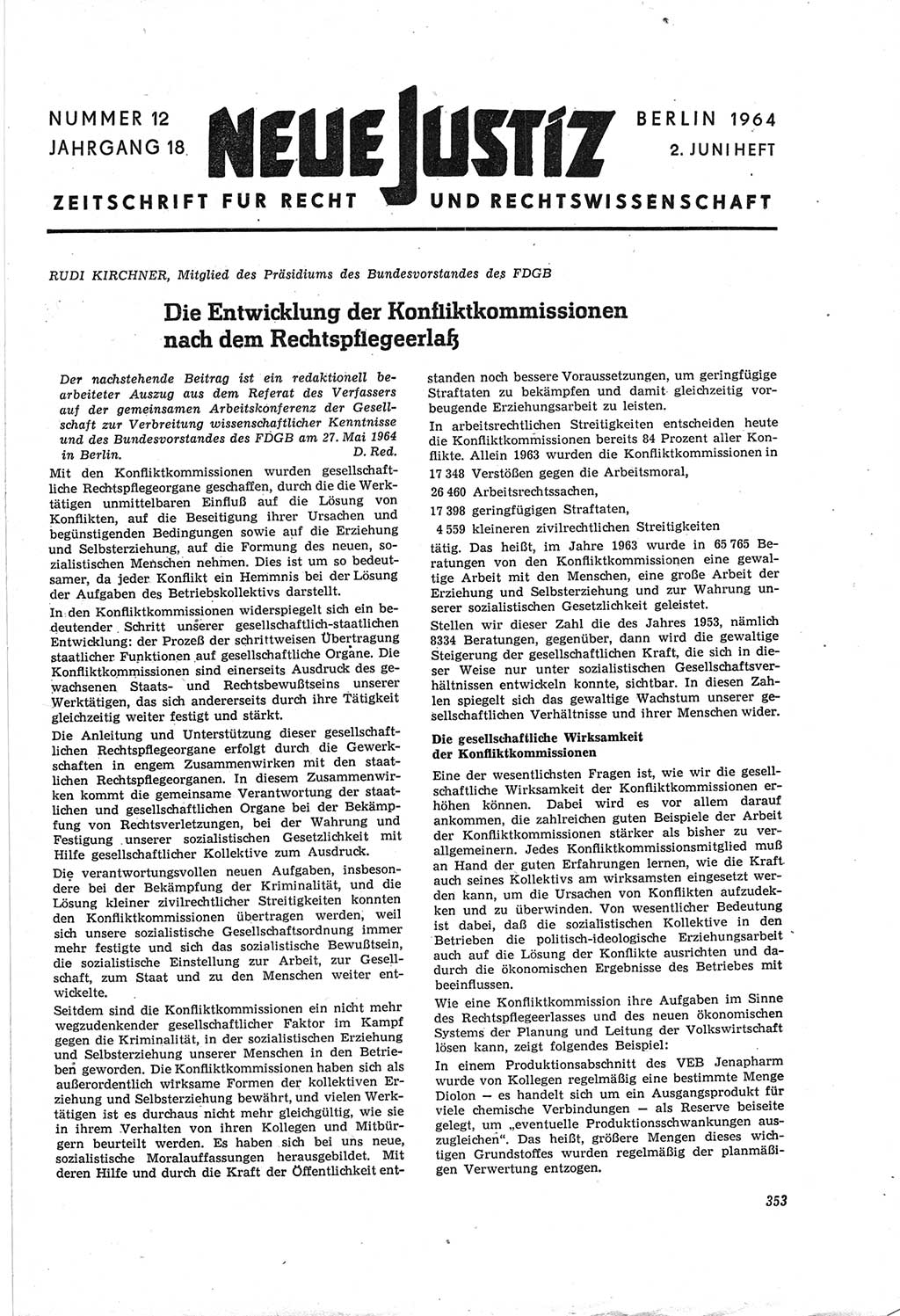 Neue Justiz (NJ), Zeitschrift für Recht und Rechtswissenschaft [Deutsche Demokratische Republik (DDR)], 18. Jahrgang 1964, Seite 353 (NJ DDR 1964, S. 353)