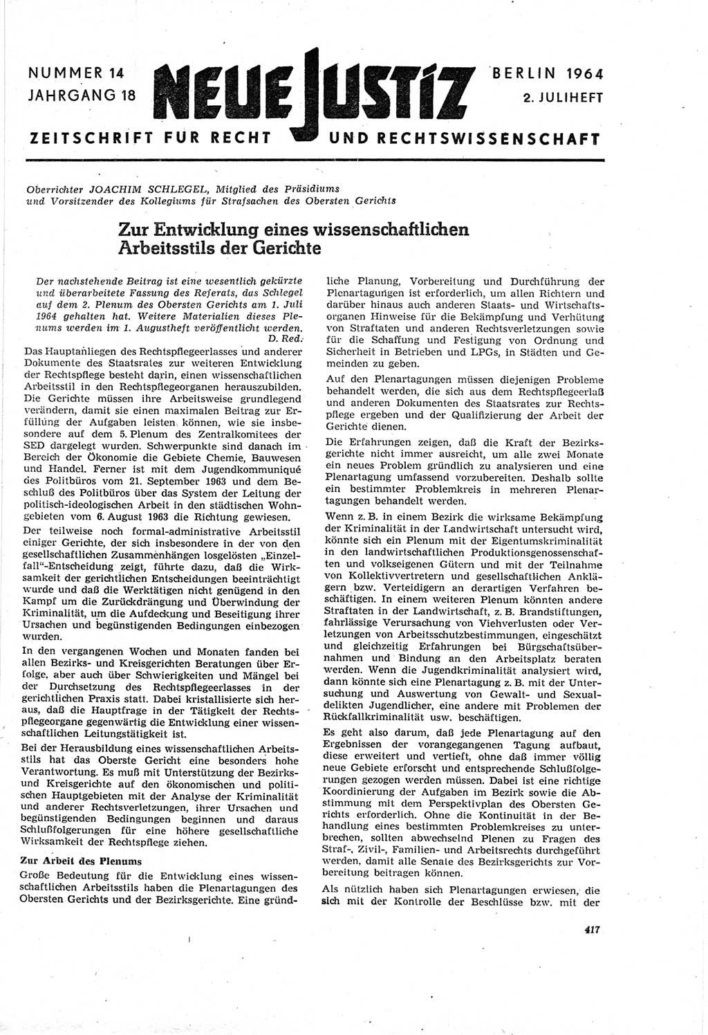 Neue Justiz (NJ), Zeitschrift für Recht und Rechtswissenschaft [Deutsche Demokratische Republik (DDR)], 18. Jahrgang 1964, Seite 417 (NJ DDR 1964, S. 417)
