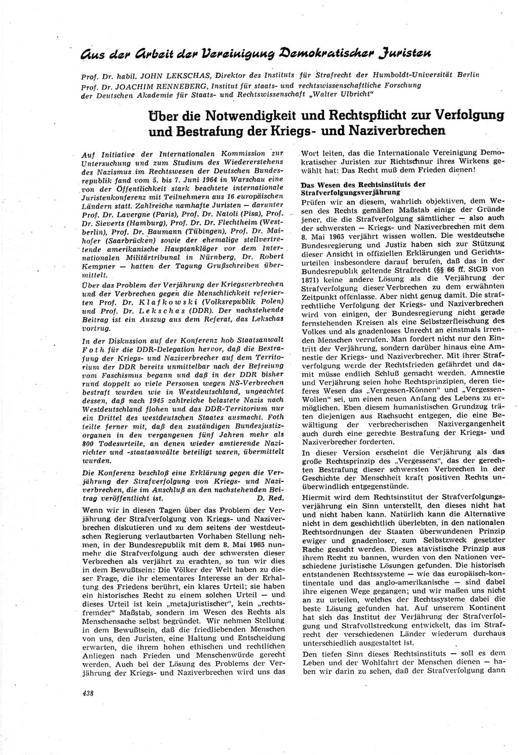 Neue Justiz (NJ), Zeitschrift für Recht und Rechtswissenschaft [Deutsche Demokratische Republik (DDR)], 18. Jahrgang 1964, Seite 438 (NJ DDR 1964, S. 438)