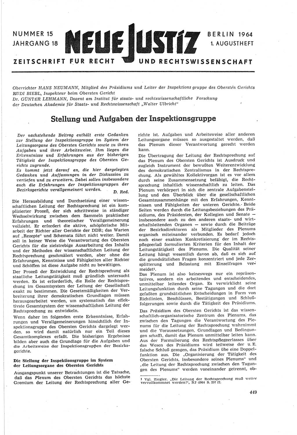 Neue Justiz (NJ), Zeitschrift für Recht und Rechtswissenschaft [Deutsche Demokratische Republik (DDR)], 18. Jahrgang 1964, Seite 449 (NJ DDR 1964, S. 449)