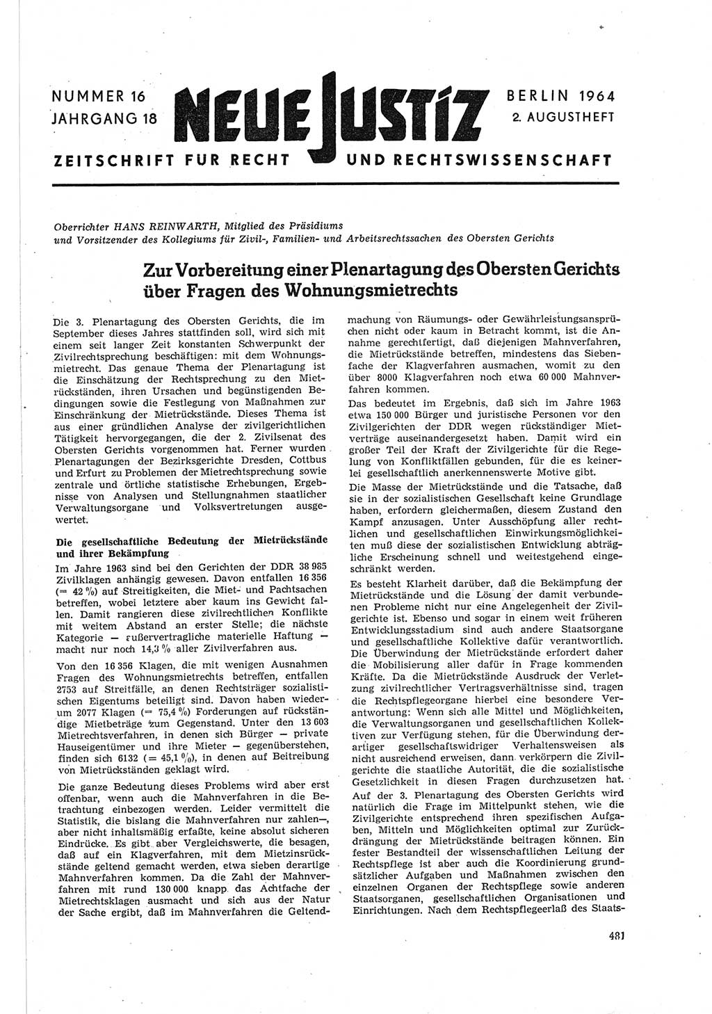 Neue Justiz (NJ), Zeitschrift für Recht und Rechtswissenschaft [Deutsche Demokratische Republik (DDR)], 18. Jahrgang 1964, Seite 481 (NJ DDR 1964, S. 481)