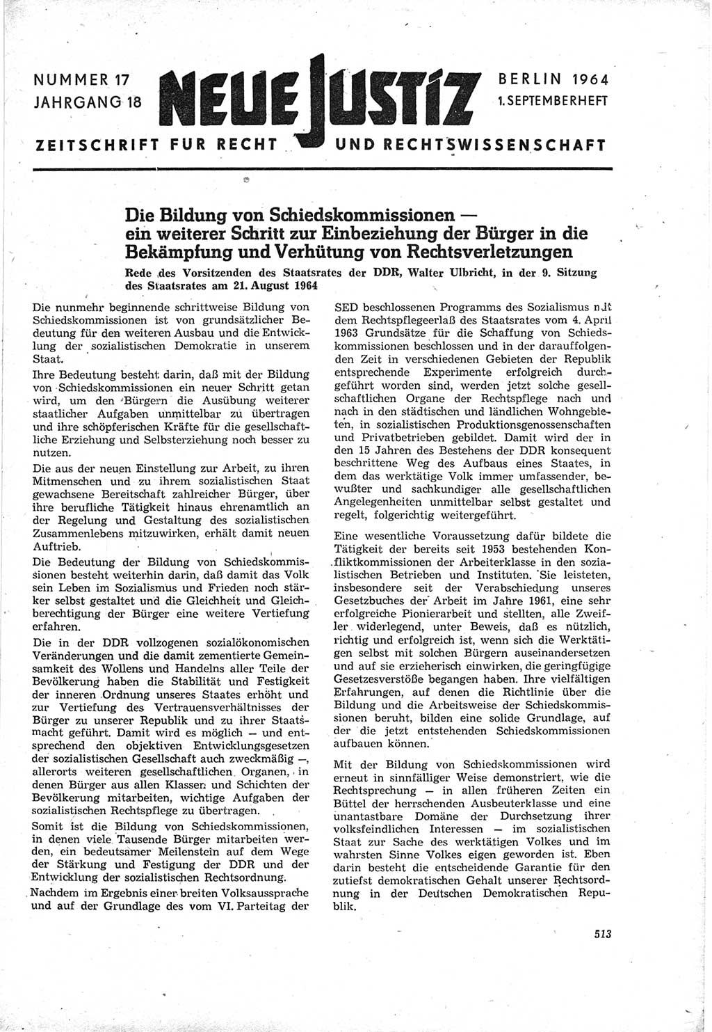 Neue Justiz (NJ), Zeitschrift für Recht und Rechtswissenschaft [Deutsche Demokratische Republik (DDR)], 18. Jahrgang 1964, Seite 513 (NJ DDR 1964, S. 513)