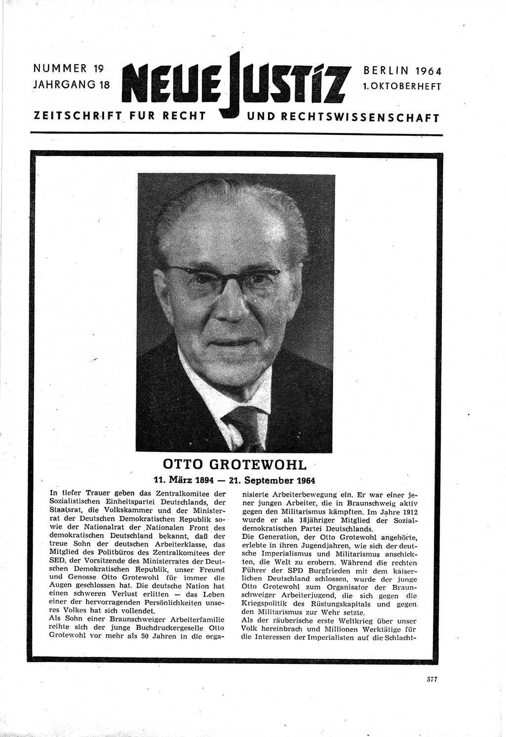 Neue Justiz (NJ), Zeitschrift für Recht und Rechtswissenschaft [Deutsche Demokratische Republik (DDR)], 18. Jahrgang 1964, Seite 577 (NJ DDR 1964, S. 577)