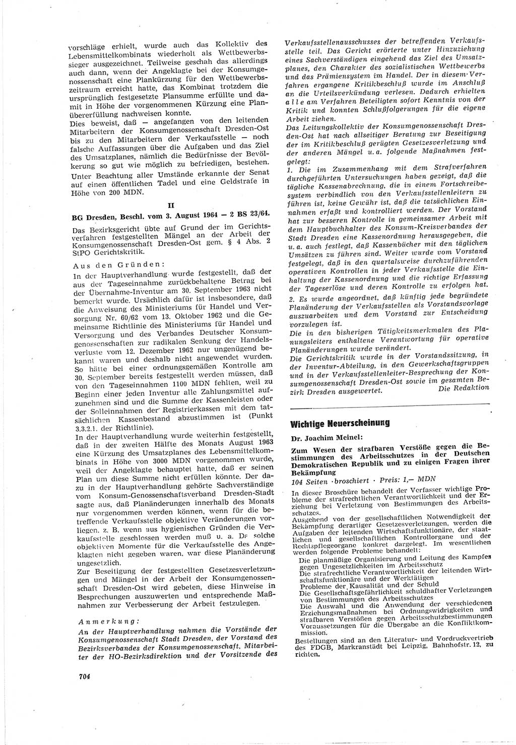Neue Justiz (NJ), Zeitschrift für Recht und Rechtswissenschaft [Deutsche Demokratische Republik (DDR)], 18. Jahrgang 1964, Seite 704 (NJ DDR 1964, S. 704)