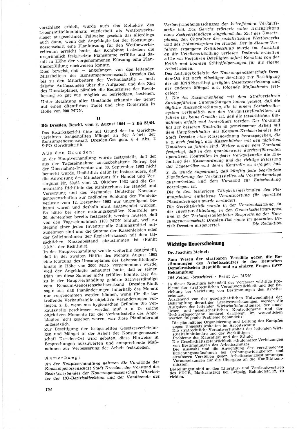Neue Justiz (NJ), Zeitschrift für Recht und Rechtswissenschaft [Deutsche Demokratische Republik (DDR)], 18. Jahrgang 1964, Seite 704 (NJ DDR 1964, S. 704)
