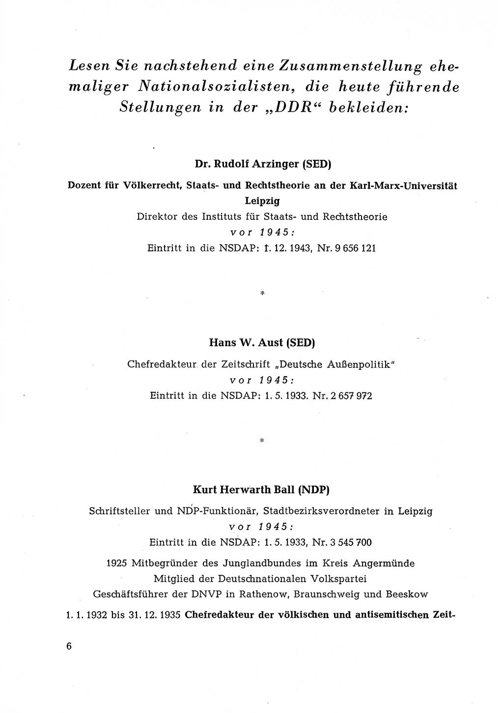 Ehemalige Nationalsozialisten in Pankows Diensten [Deutsche Demokratische Republik (DDR)] 1965, Seite 6 (Ehem. Nat.-Soz. DDR 1965, S. 6)