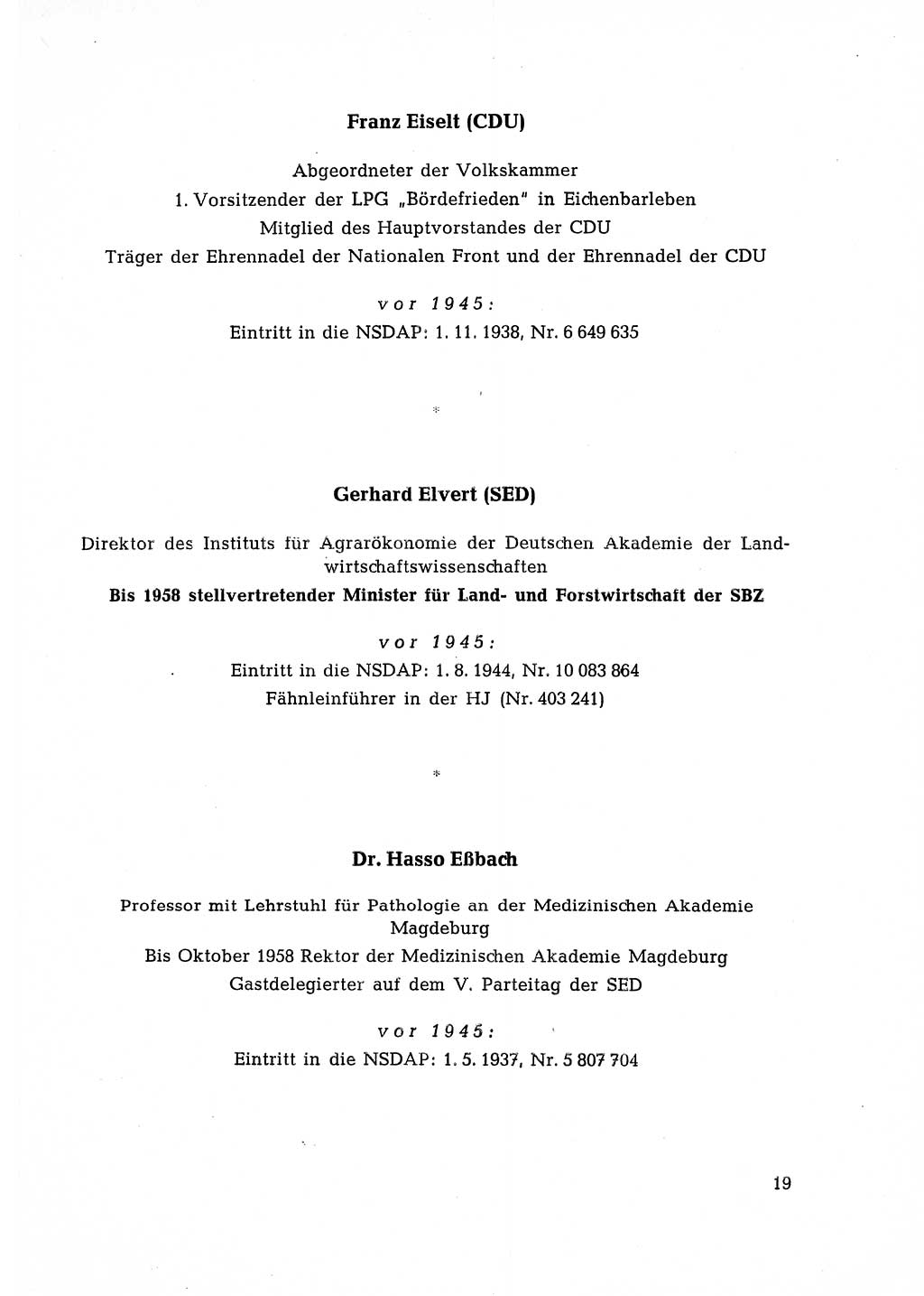 Ehemalige Nationalsozialisten in Pankows Diensten [Deutsche Demokratische Republik (DDR)] 1965, Seite 19 (Ehem. Nat.-Soz. DDR 1965, S. 19)