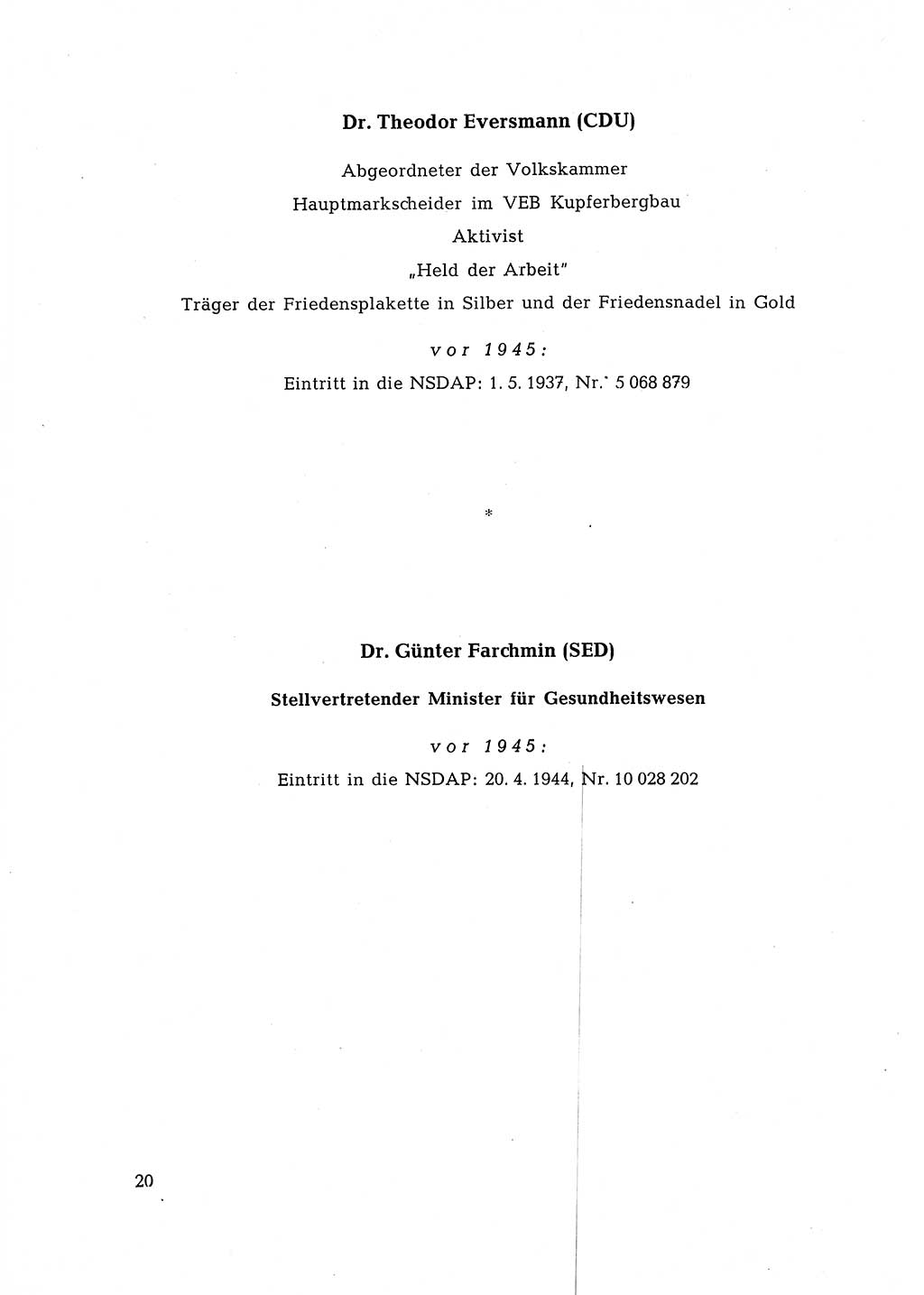 Ehemalige Nationalsozialisten in Pankows Diensten [Deutsche Demokratische Republik (DDR)] 1965, Seite 20 (Ehem. Nat.-Soz. DDR 1965, S. 20)