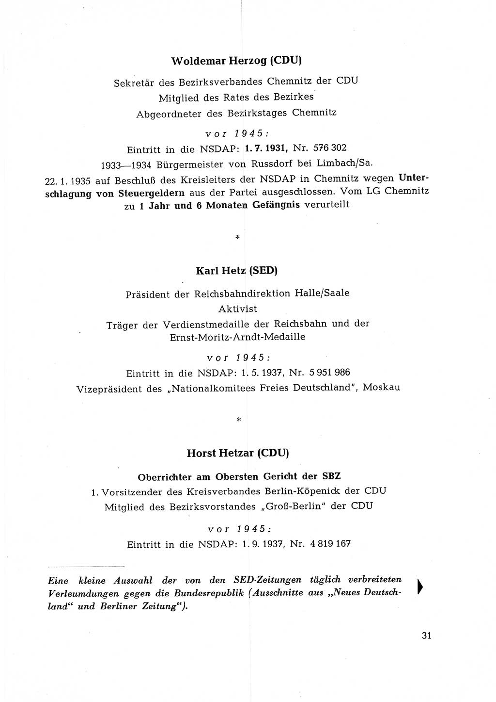 Ehemalige Nationalsozialisten in Pankows Diensten [Deutsche Demokratische Republik (DDR)] 1965, Seite 31 (Ehem. Nat.-Soz. DDR 1965, S. 31)