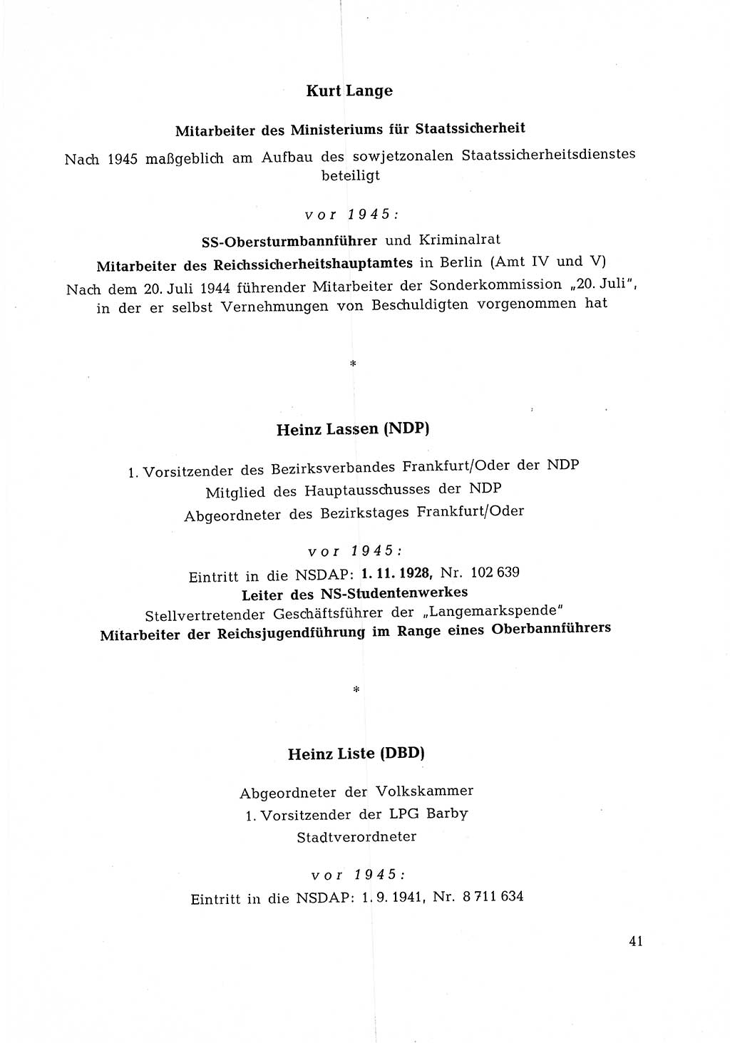 Ehemalige Nationalsozialisten in Pankows Diensten [Deutsche Demokratische Republik (DDR)] 1965, Seite 41 (Ehem. Nat.-Soz. DDR 1965, S. 41)
