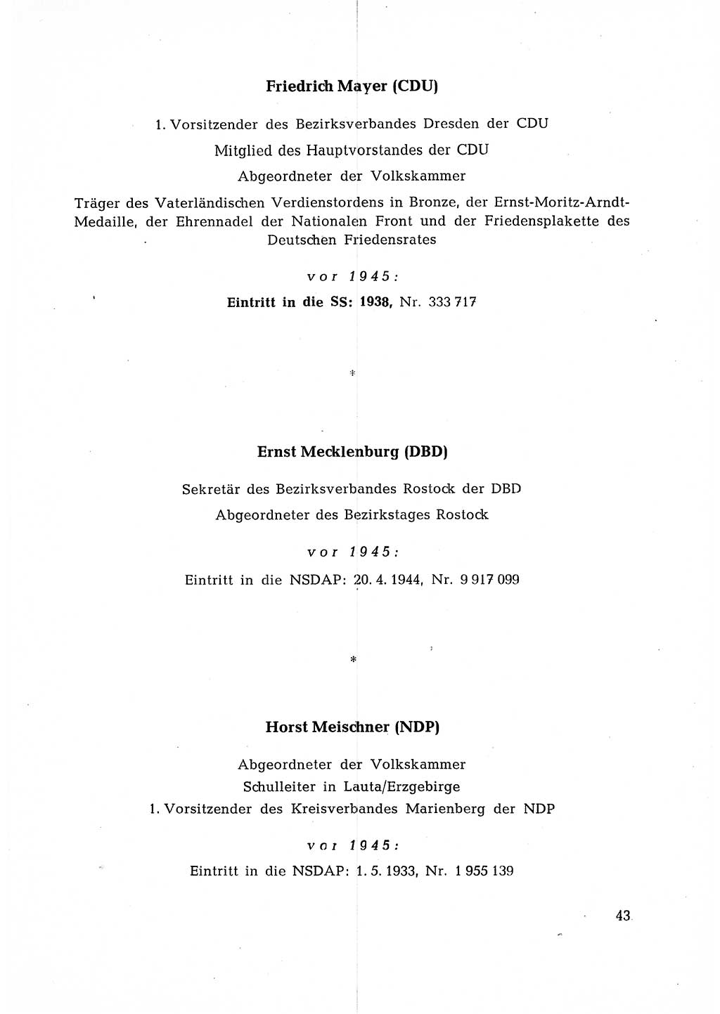 Ehemalige Nationalsozialisten in Pankows Diensten [Deutsche Demokratische Republik (DDR)] 1965, Seite 43 (Ehem. Nat.-Soz. DDR 1965, S. 43)