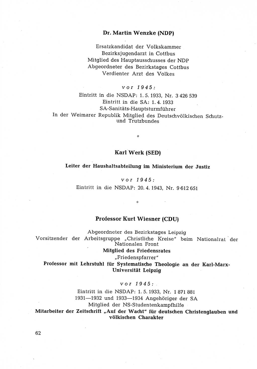 Ehemalige Nationalsozialisten in Pankows Diensten [Deutsche Demokratische Republik (DDR)] 1965, Seite 62 (Ehem. Nat.-Soz. DDR 1965, S. 62)