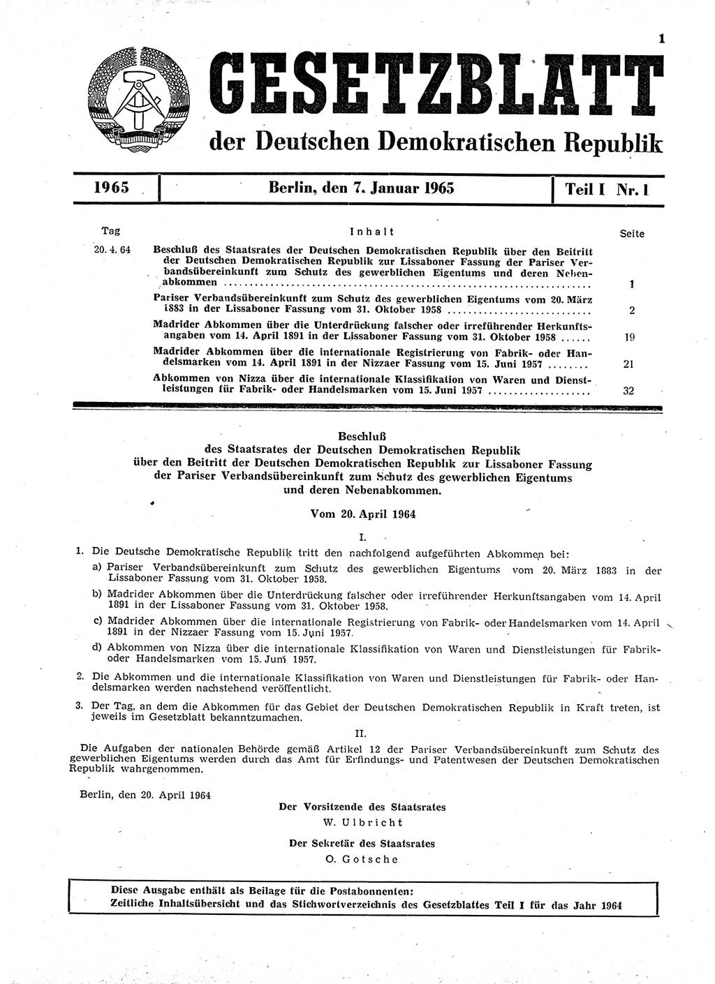 Gesetzblatt (GBl.) der Deutschen Demokratischen Republik (DDR) Teil Ⅰ 1965, Seite 1 (GBl. DDR Ⅰ 1965, S. 1)
