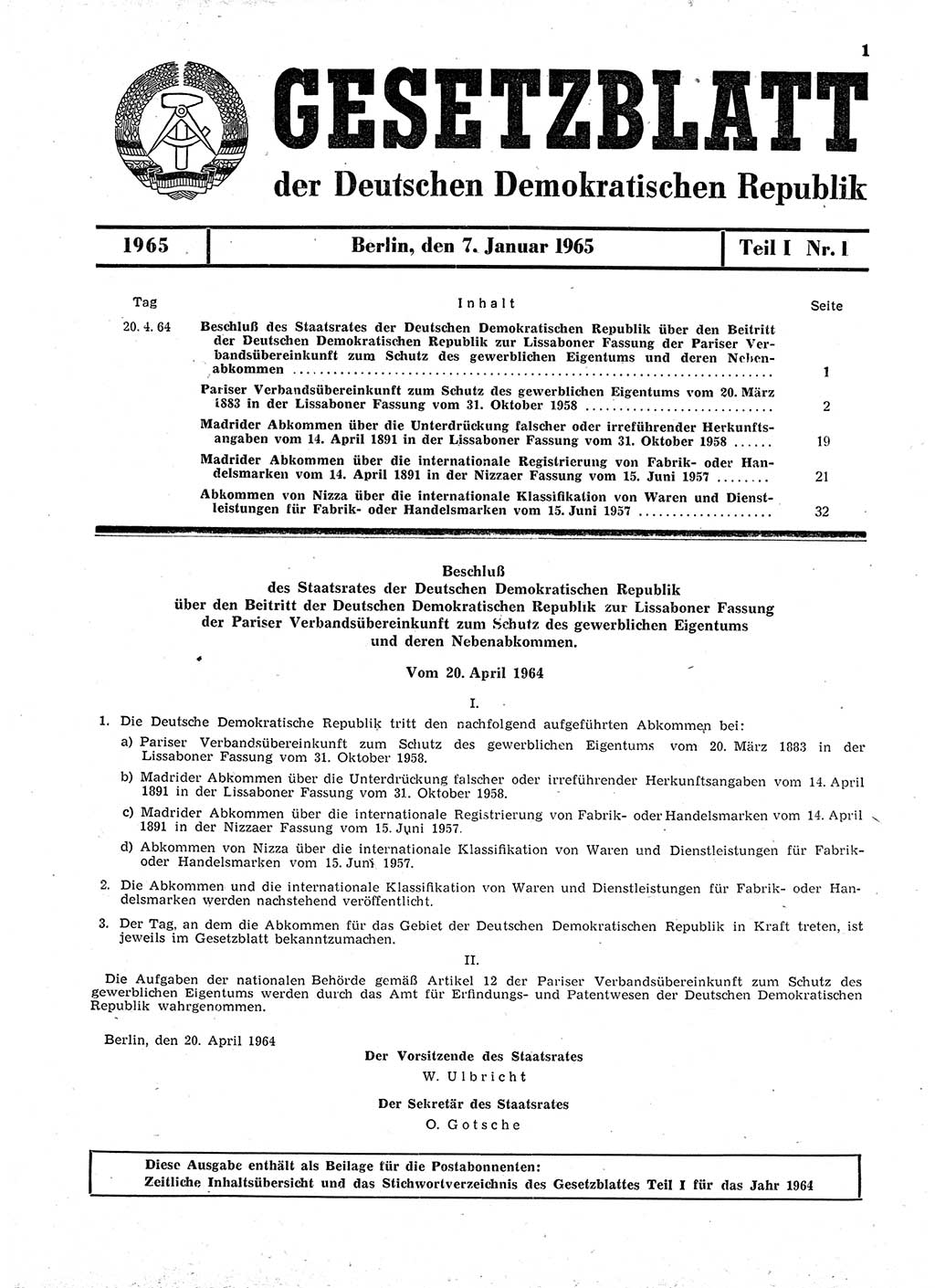 Gesetzblatt (GBl.) der Deutschen Demokratischen Republik (DDR) Teil Ⅰ 1965, Seite 1 (GBl. DDR Ⅰ 1965, S. 1)