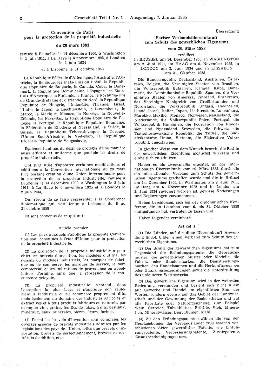 Gesetzblatt (GBl.) der Deutschen Demokratischen Republik (DDR) Teil Ⅰ 1965, Seite 2 (GBl. DDR Ⅰ 1965, S. 2)