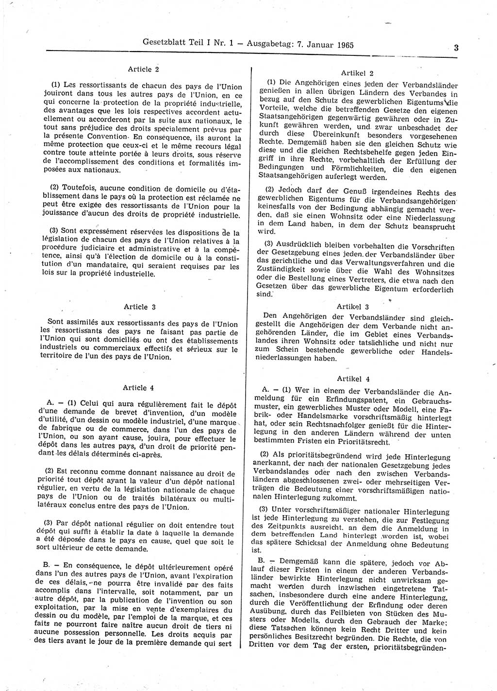Gesetzblatt (GBl.) der Deutschen Demokratischen Republik (DDR) Teil Ⅰ 1965, Seite 3 (GBl. DDR Ⅰ 1965, S. 3)