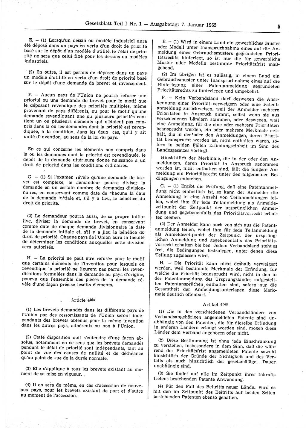 Gesetzblatt (GBl.) der Deutschen Demokratischen Republik (DDR) Teil Ⅰ 1965, Seite 5 (GBl. DDR Ⅰ 1965, S. 5)